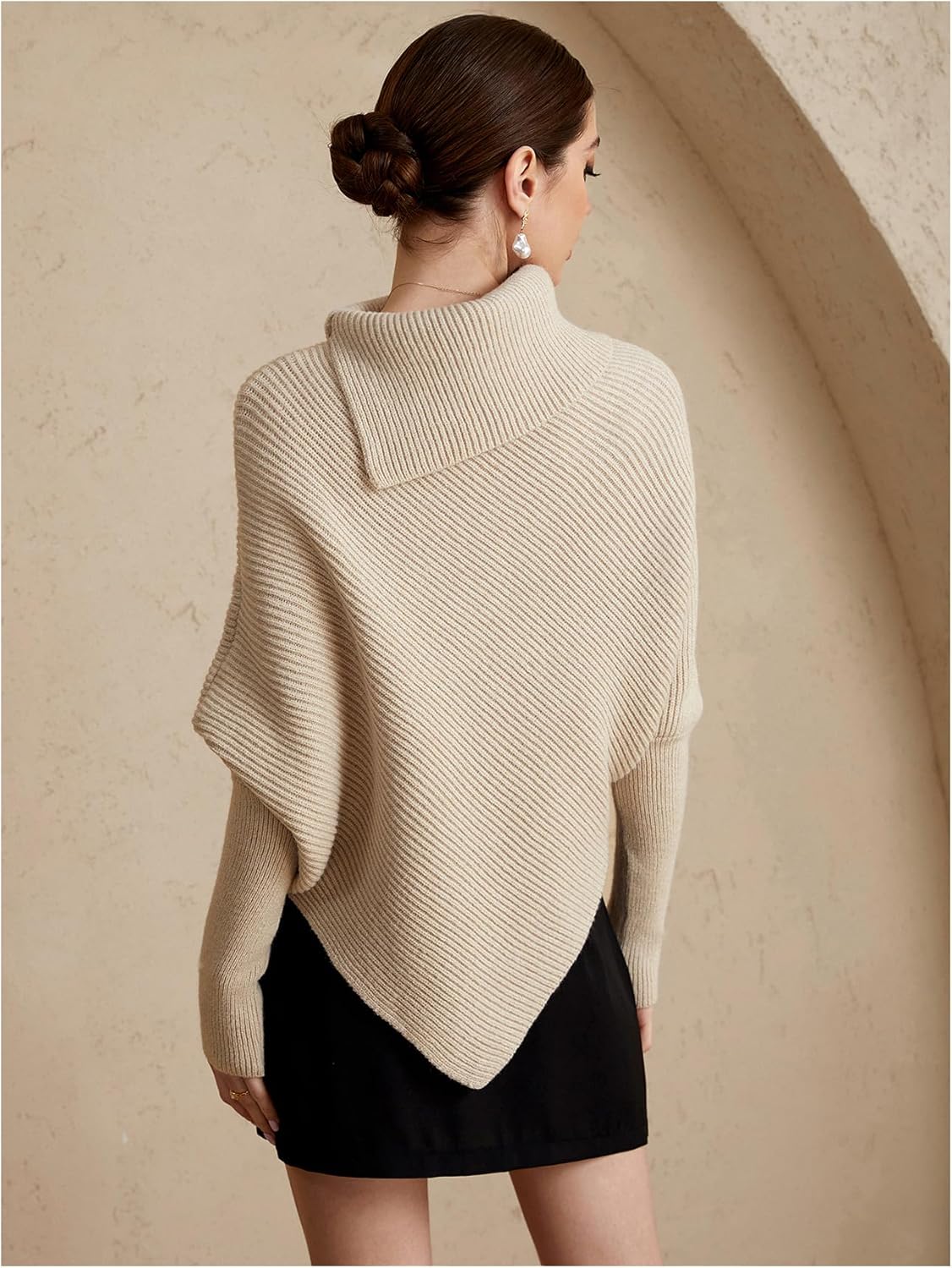 Women's Turtleneck Asymmetrical Sweater Poncho Top Dolman Long Sleeve Knit Pullover Tops - Image 2