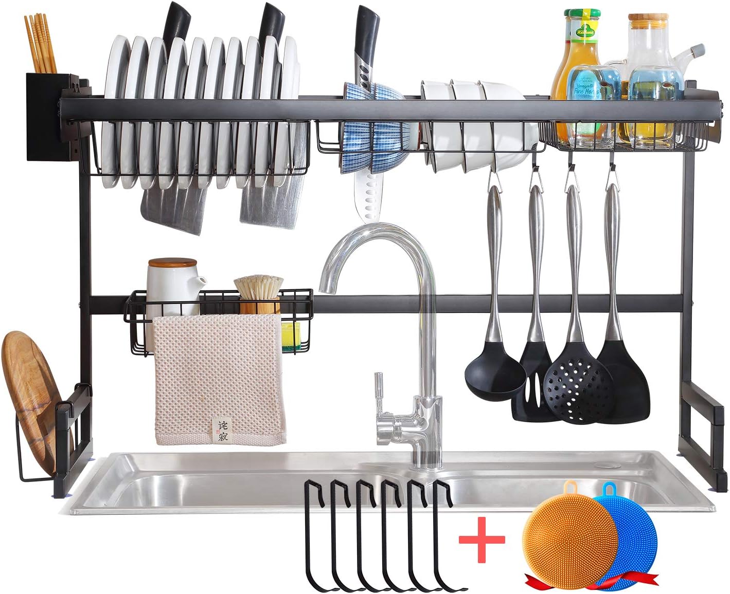 Crazy Clearance Deemen Dish Drying Rack Over The Sink, 304 Stainless Steel 2-Tier Dish Rack Large Dish Drainer for Kitchen Space Saving(Black)