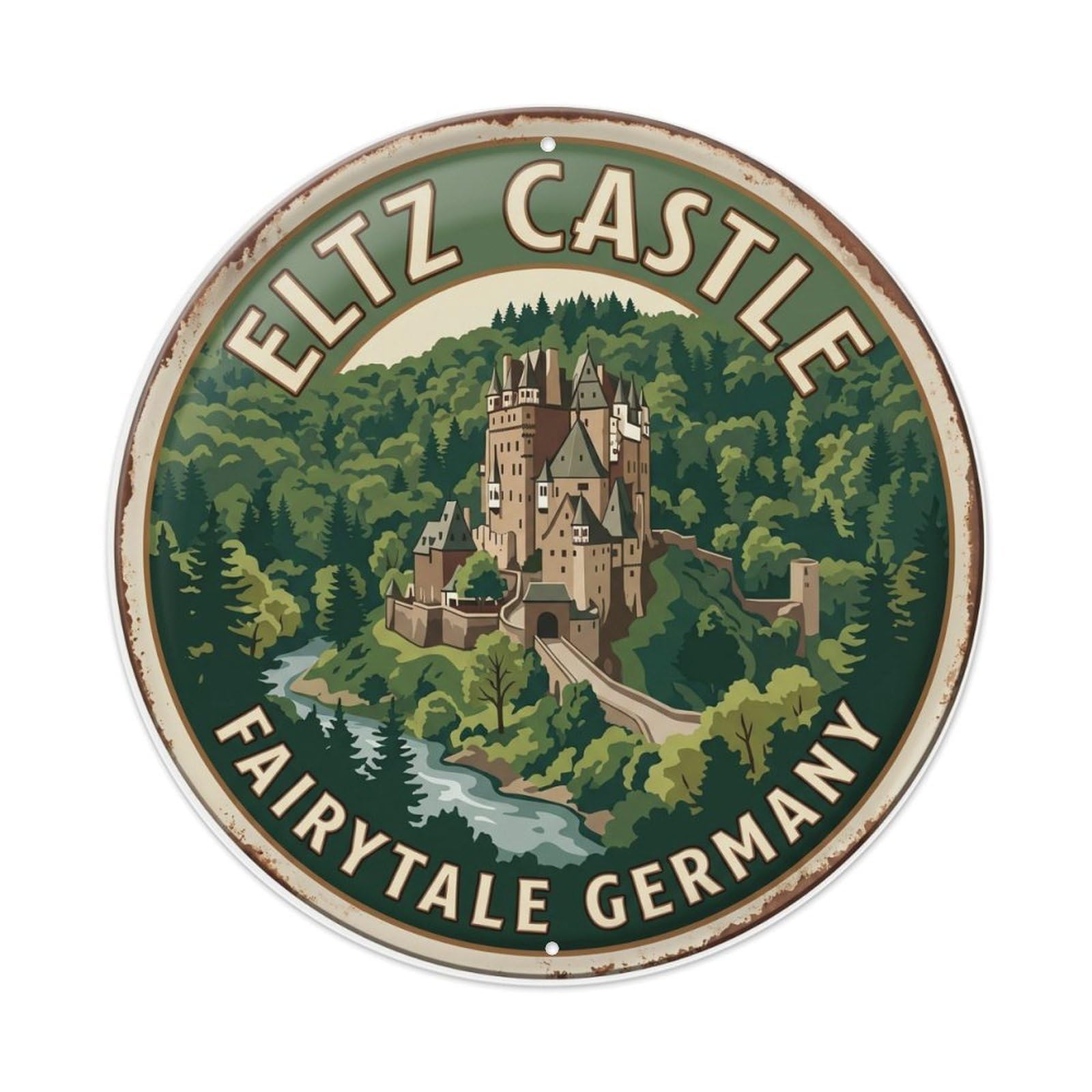 Eltz Castle Fairytale Germany Forest Metal Tin Sign Plaque Wall Decor for Cafe, Club Bar, Office, Home Garden Round Metal Poster 8x8Inch
