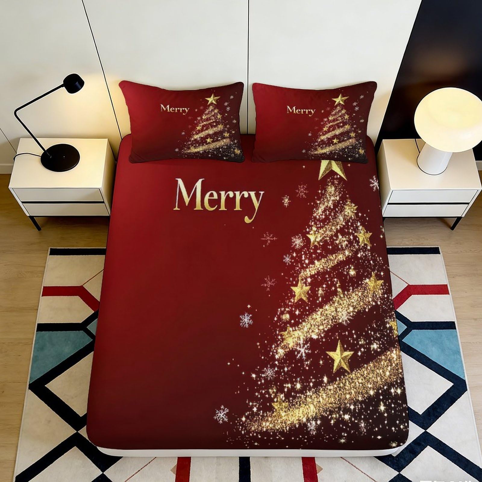 3D Printed Christmas Tree Fitted Sheet Microfiber Red Merry Star Mattress Cover for Bedroom Guest Room Decor 180x200x25cm