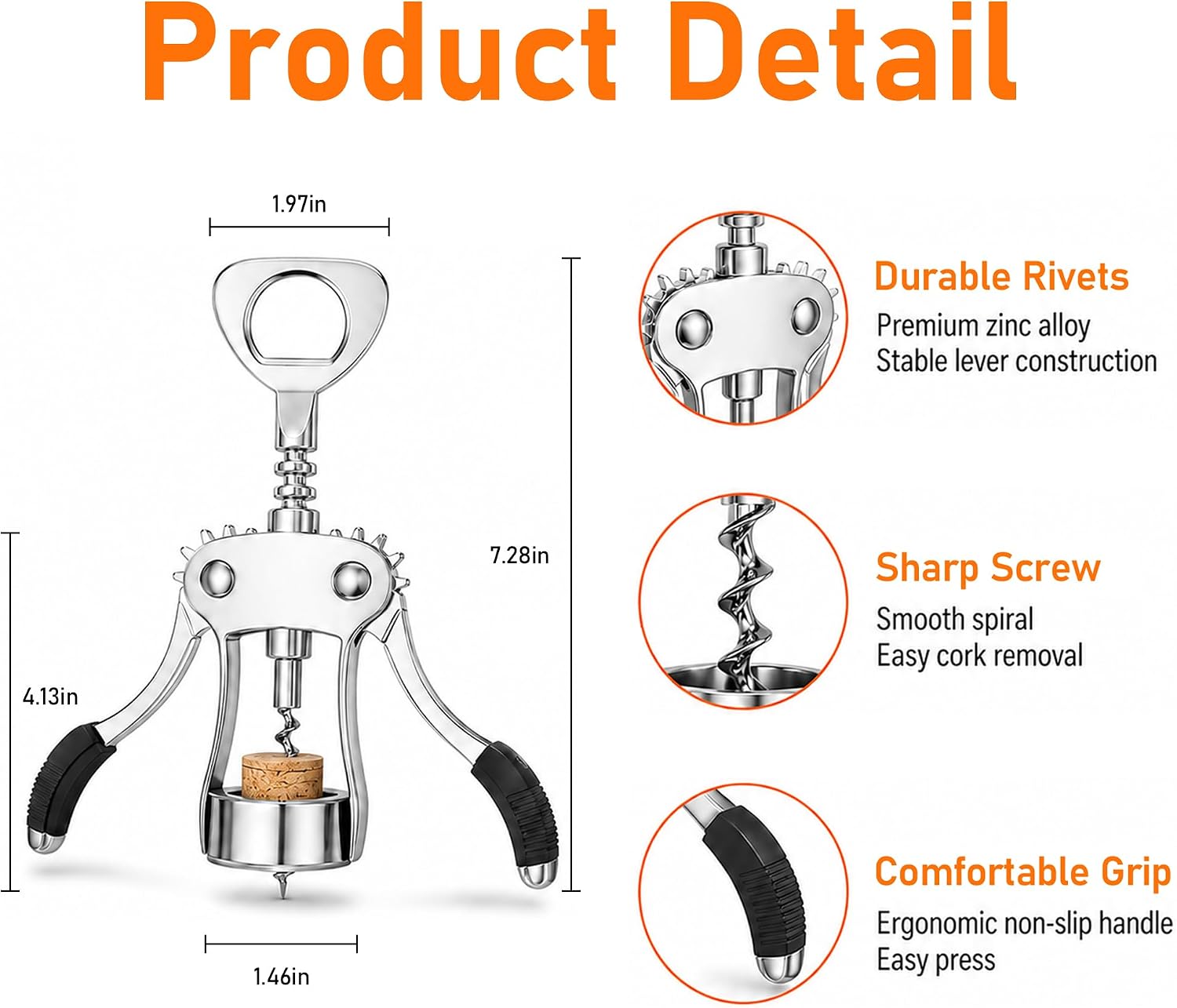 Wine Opener, Heavy-Duty Zinc Alloy Wing Corkscrew with Multifunctional Bottle Opener, Ergonomic Non-Slip Handle & Sharp Screw, Dishwasher Safe, for Home Restaurant Kitchen (Silver)