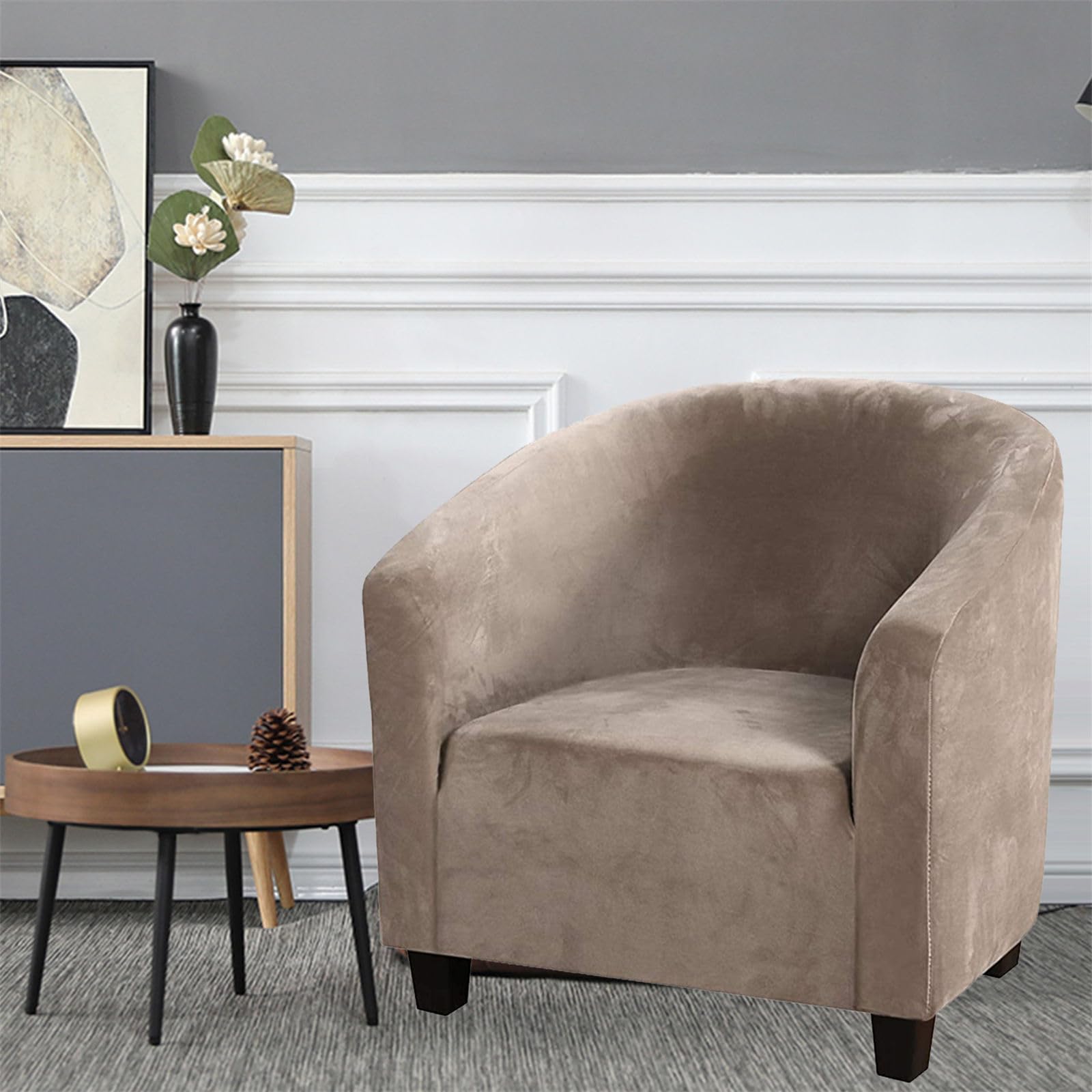 Housse de fauteuil velours extensible beige de qualité supérieure avec accoudoirs