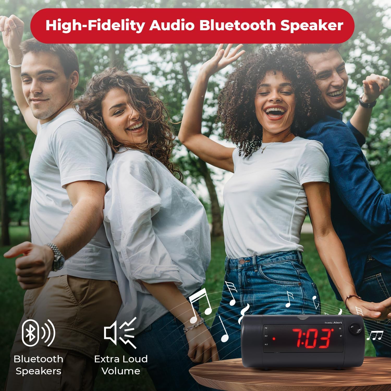 Group of people enjoying music, with the Sonic Blast alarm clock shown, highlighting its Bluetooth speaker functionality.