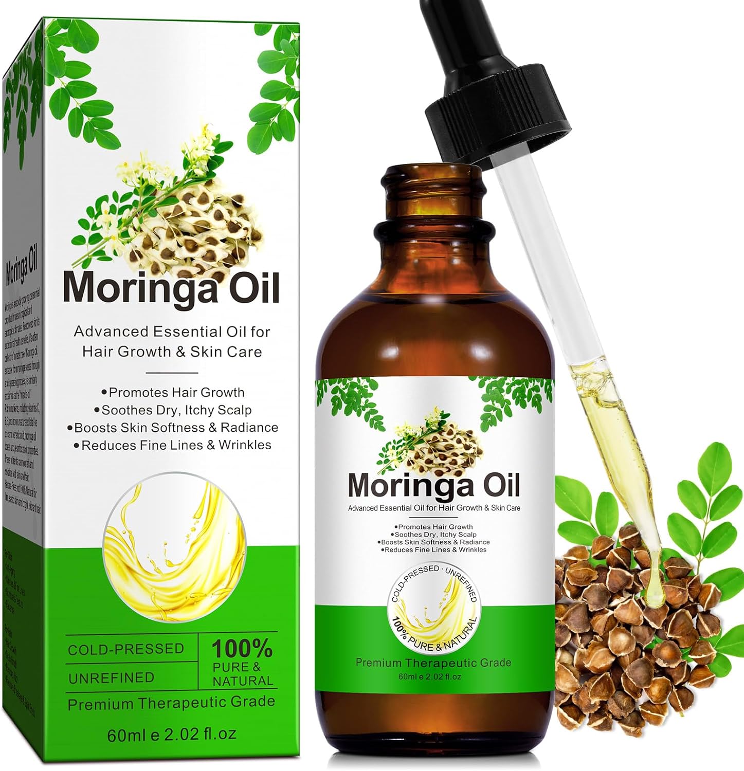 Moringa Biologische wonderolie voor huidhaargroei, 100% pure natuurlijke moringaszaadolie voor droge huid, koudgeperst, gezichtsverzorging, hydraterend, voedend en revitaliserend
