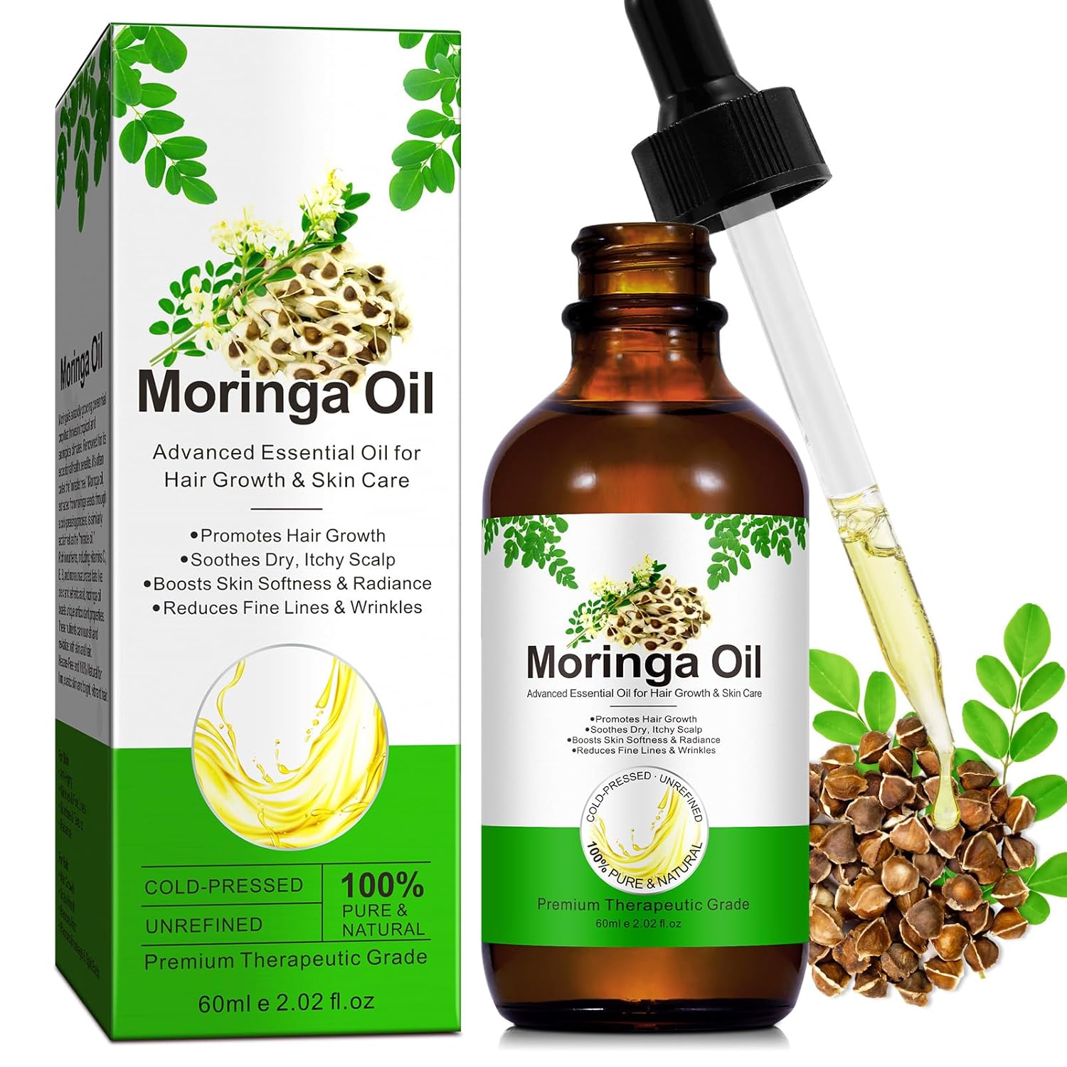 Organic Moringa Oil,Premium Moringa Oil Cold-Pressed for Hair Skin & Body Lightweight Face in Glass Bottle,Natural Unrefined Moisturizer 2 fl oz
