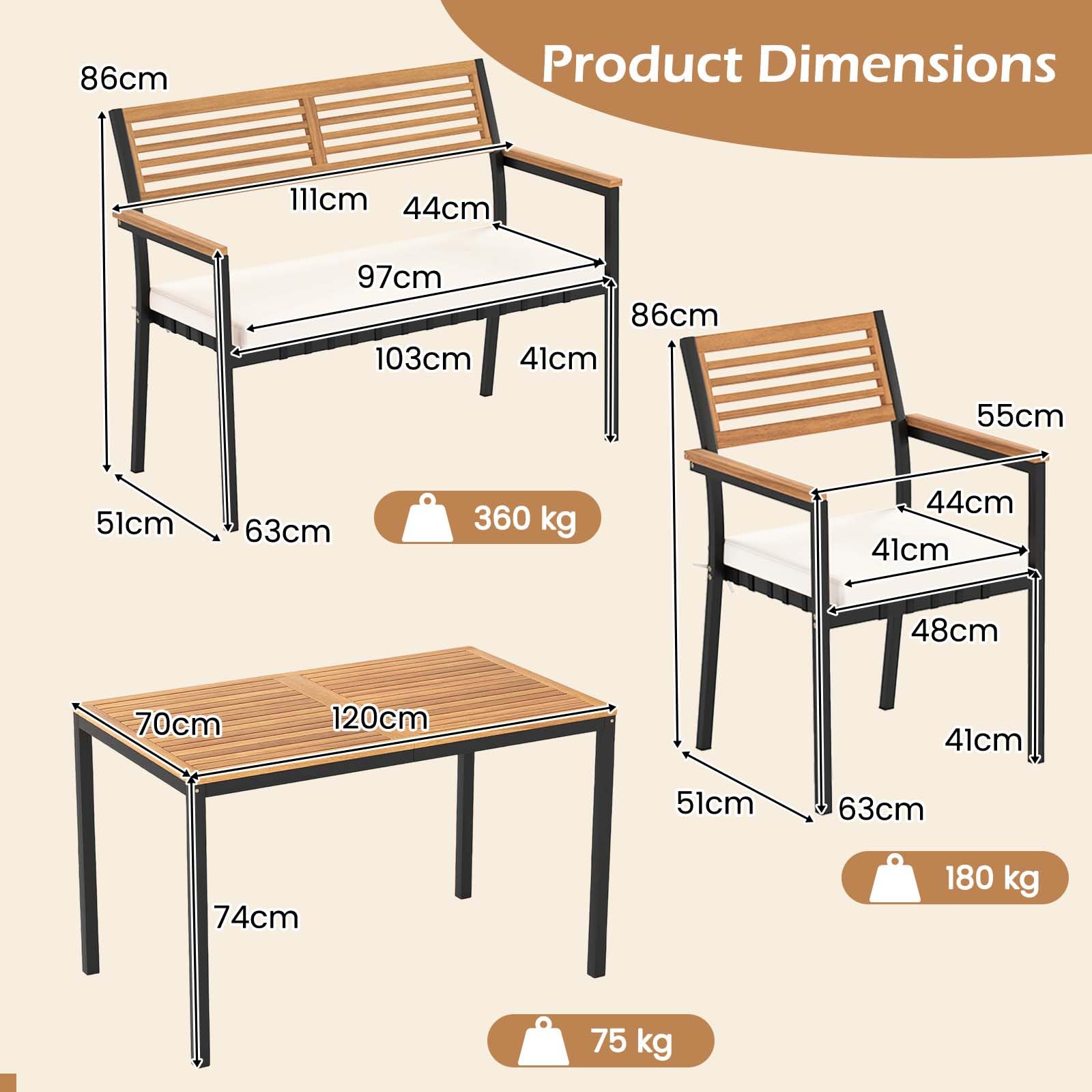 KOMFOTTEU 4-teiliges Gartenmöbel Set aus Akazienholz & Metall, Sitzgruppe für 4 Personen, Balkonmöbel mit Tisch, Bank & 2 Stühlen, Essgruppe mit Sitzkissen und Sonnenschirmloch, für Garten & Balkon