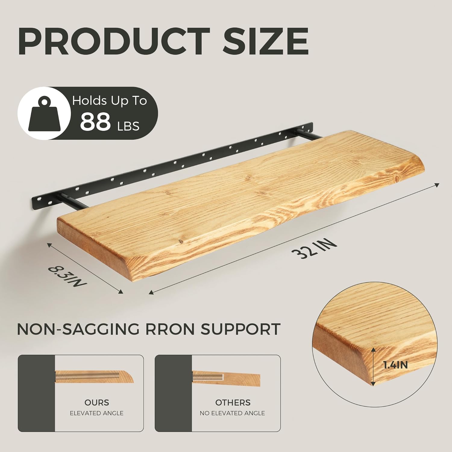 32 Inch Floating Shelves for Wall Decor, 88lbs Solid Spruce Wood Live Edge Floating Shelves, 8" Deep Rustic Wall Shelf for Bathroom Kitchen Bedroom Living Room, Invisible Bracket, Natural(Set of 2)