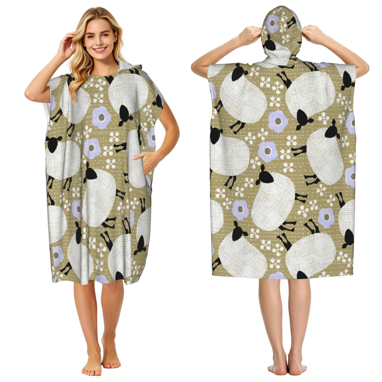 Poadnly Wooly Sheep Pattern, Adult Hooded Beach Towel 90 x 110 cm,Changing Bath Robe, Surf Poncho Towel For Women Men
