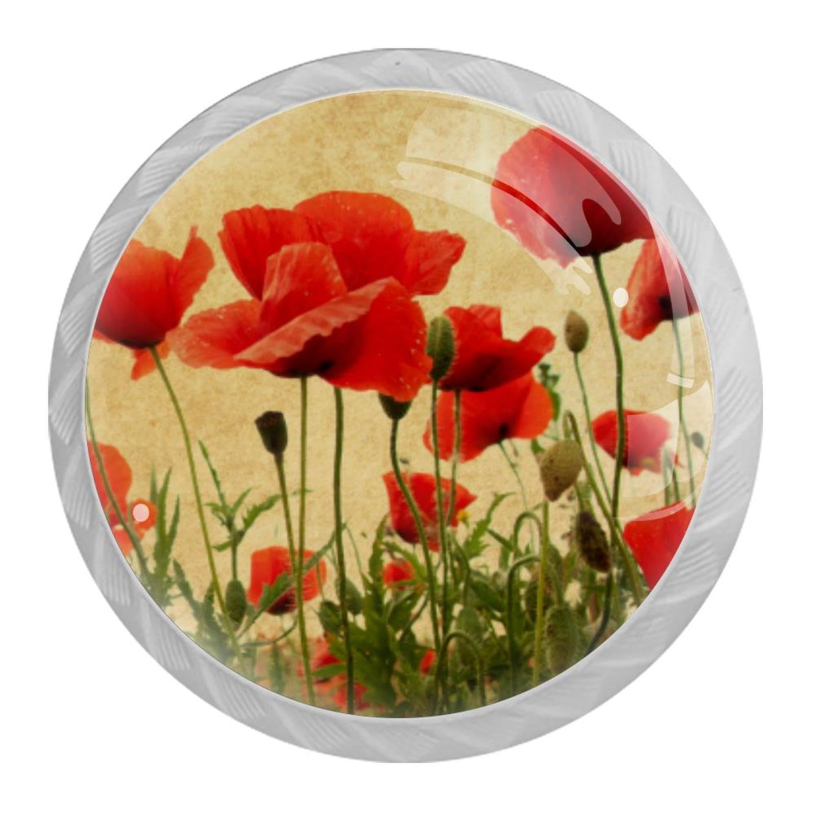 Tqmspg 4 Pieces Drawer Pulls Beautiful Poppies Flowers Field Door Knobs Dresser Handles for Kitchen Wardrobe Cupboard Hardware Furniture