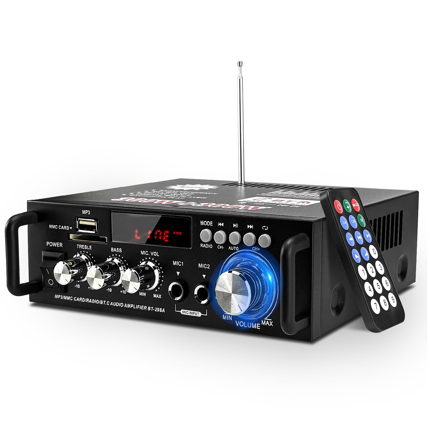 Mini Bluetooth Amplificador Audio, 600W HiFi de 2.0 Canales Audio Stereo Music Reproductor, SD Card/USB Input/FM Radio, para PC, TV, Amplificador Coche, casa Altavoz, subwoofer BT 12v 220V (600W)