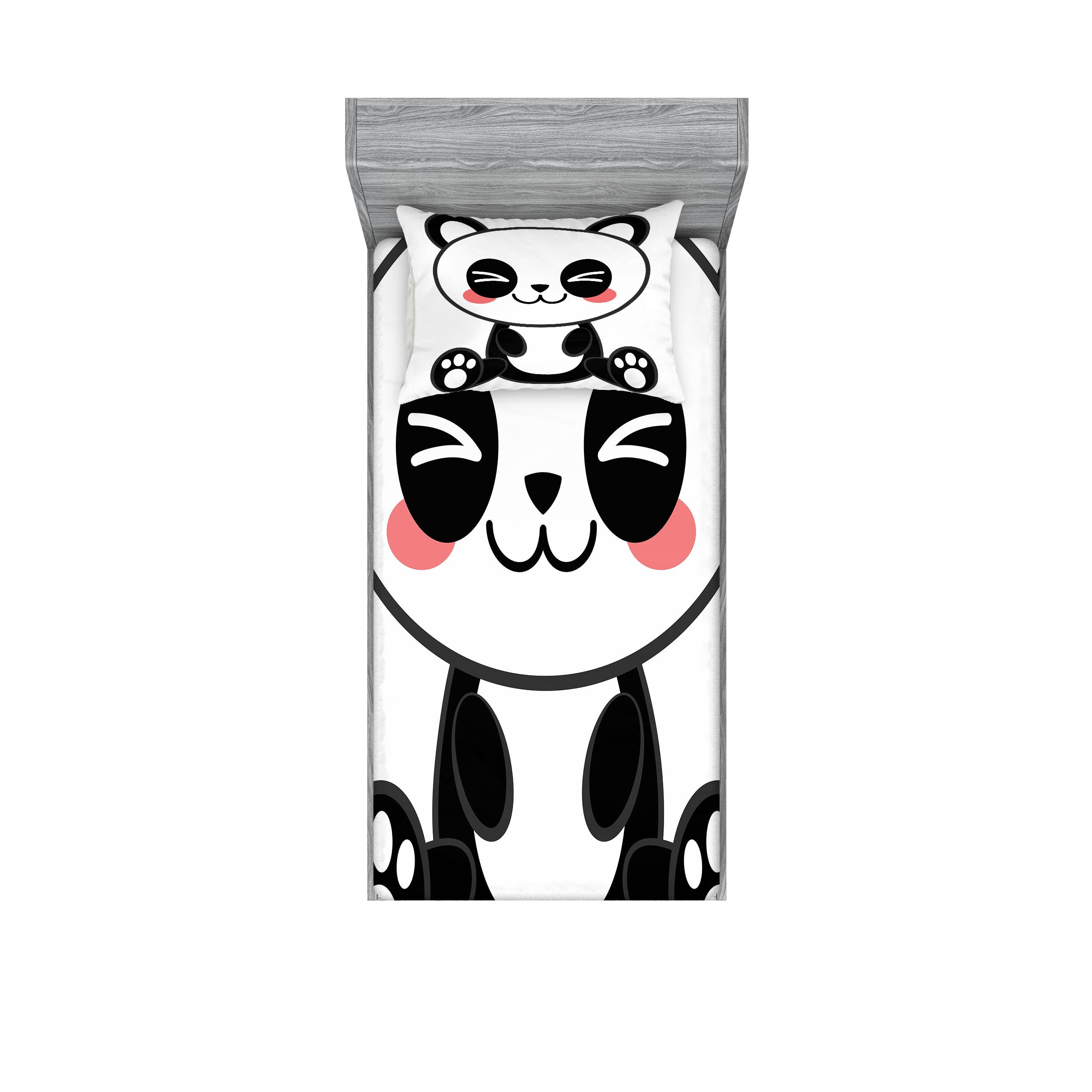 Ambesonne Anime Fitted Sheet & Pillow Sham Set, Cartoon Smiling Panda Fun Animal Theme Japanese Manga Kids Teen Art Print, Decorative Printed 2 Piece Bedding Decor Set, Twinxl, Black White Grey