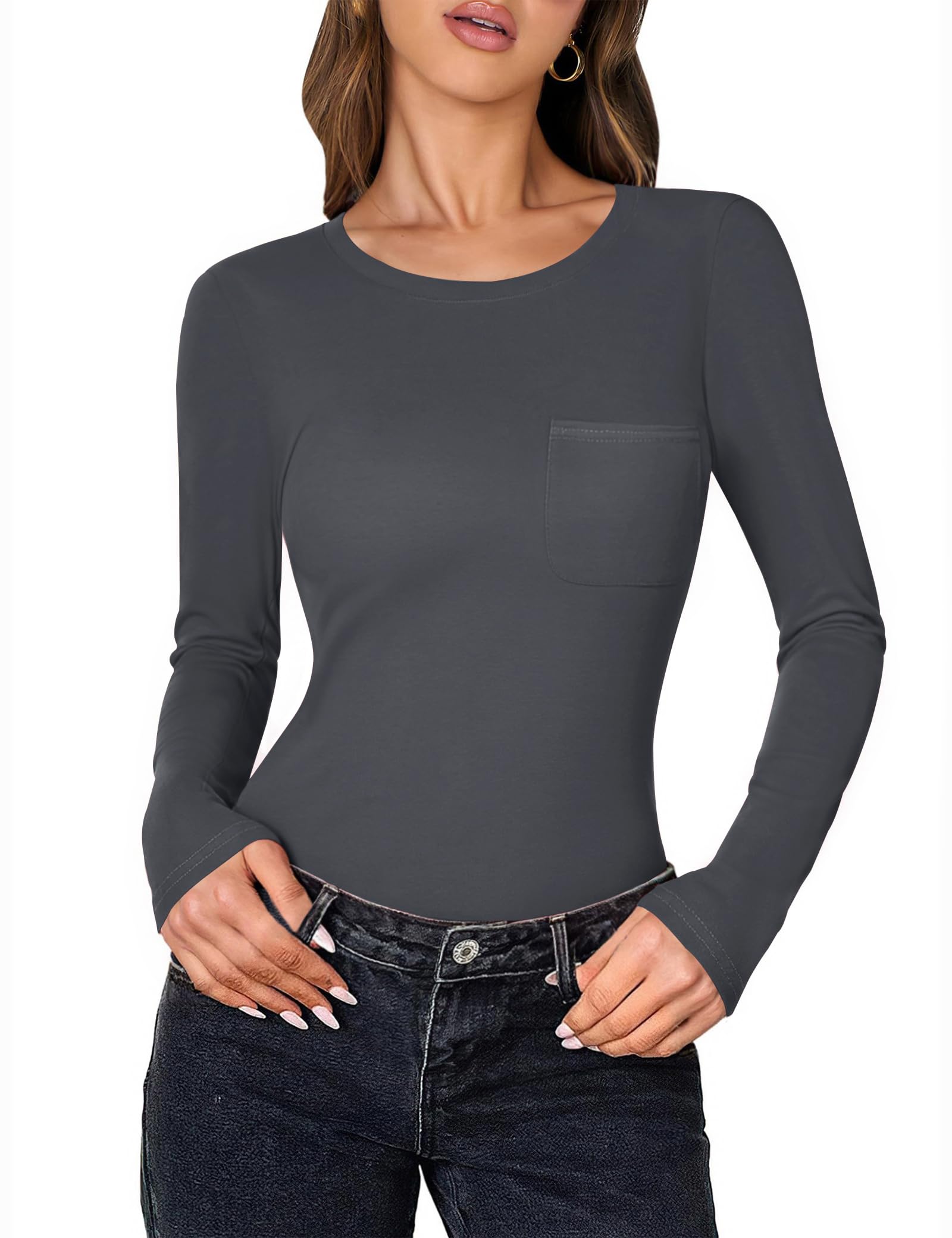Aottori Langarmshirt Damen Rundhals mit Tasche Oberteile Elegant Slim Fit Shirt Langarm Weich Stretch Unterziehshirt Herbst Einfarbig Basic Tops für Alltag Büro Freizeit