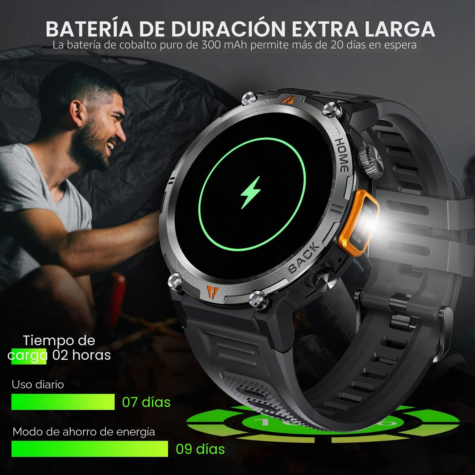 Reloj Inteligente Hombre 3ATM Impermeable con LED Linterna, 1,45'' Smartwatch Militar Hombre con Llamadas Bluetooth Alertas Whatsapp, Deportivos Fitness Tracker con SpO2 Pulsómetro para iOS Android