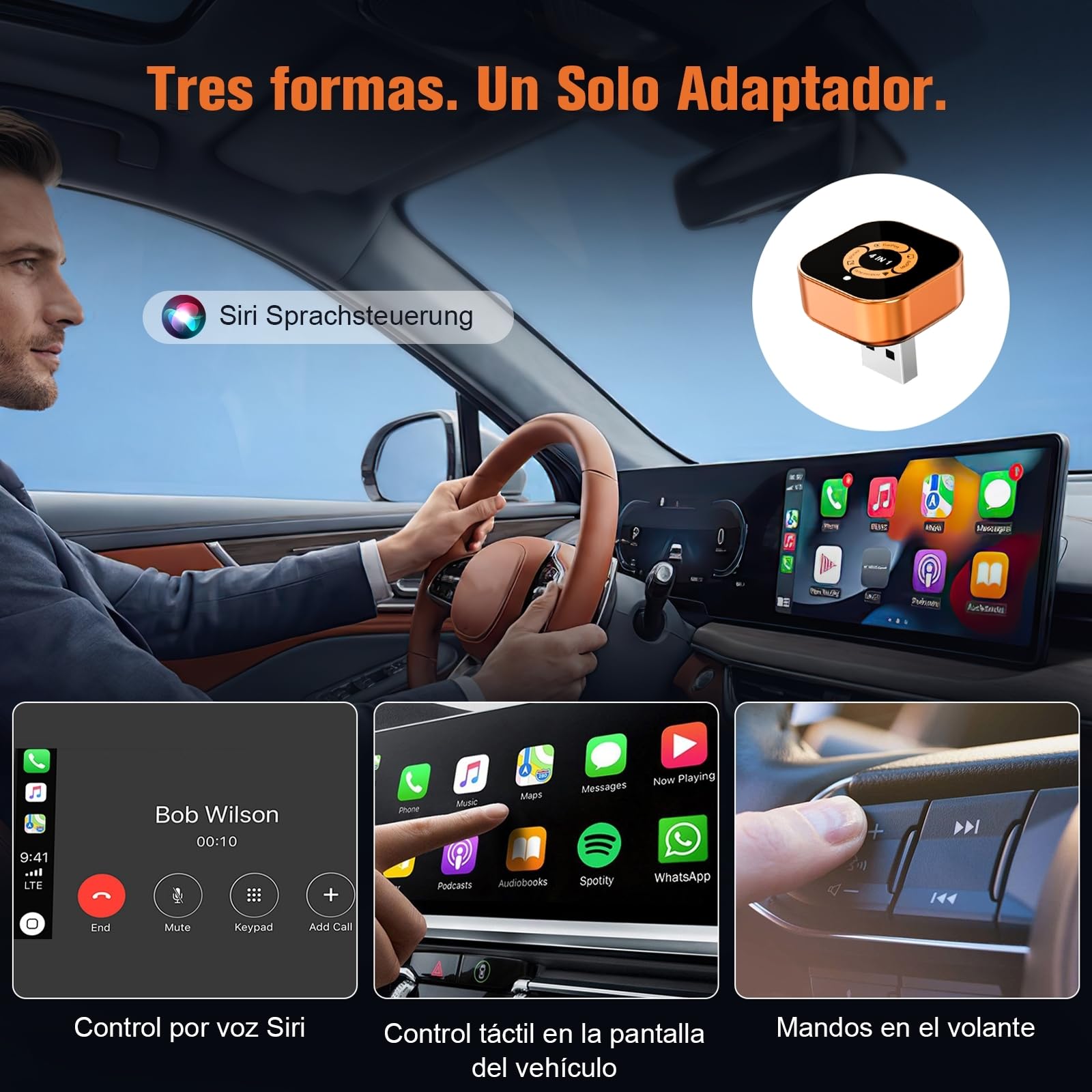 Adaptador CarPlay Inalámbrico 4 en 1: CarPlay Sin Cables y Android Auto Wireless AirPlay y Miracast - WiFi Doble Banda 2,4/5 GHz - Conexión Automática Plug & Play para Coches con CarPlay por Cable