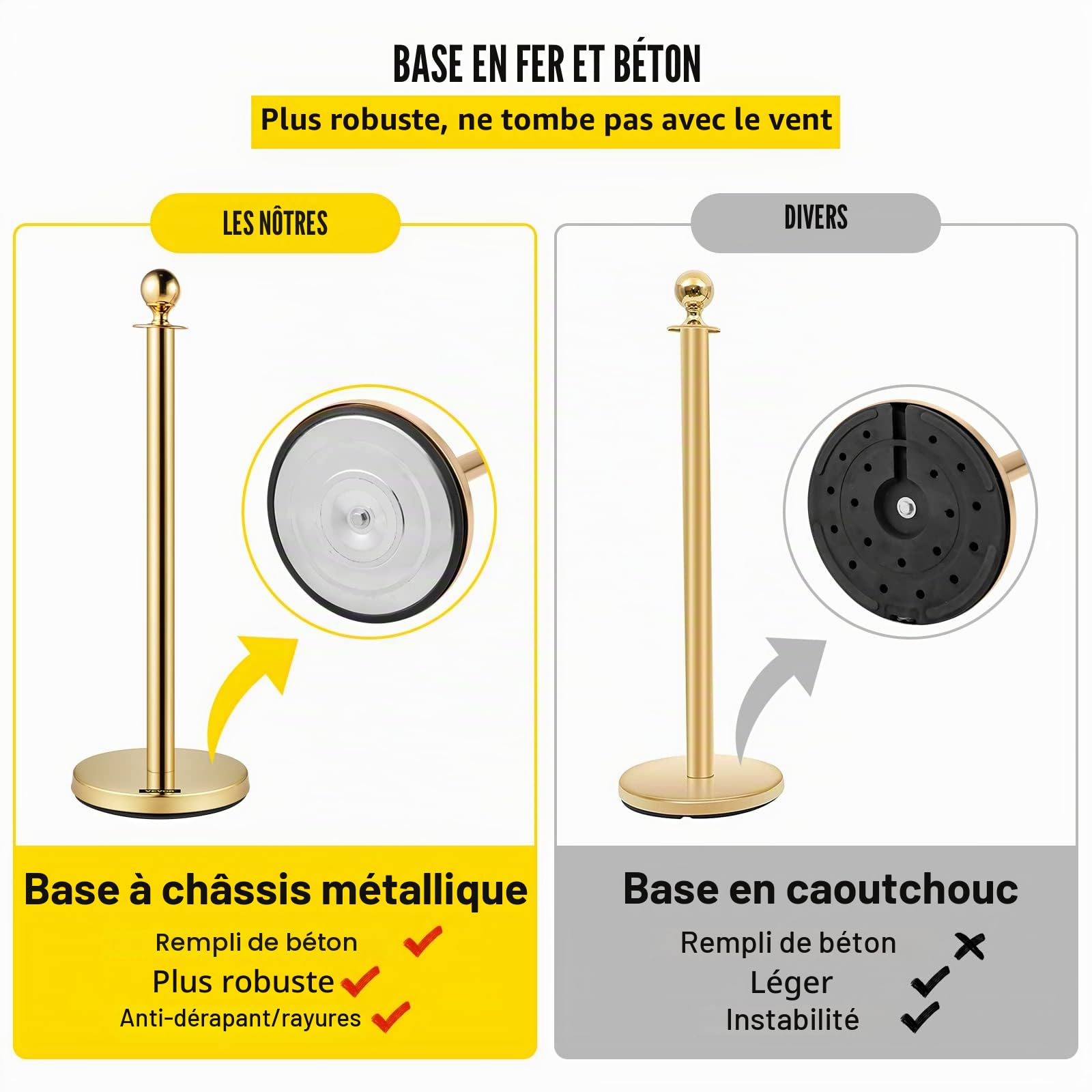 VEVOR Cordes et poteaux en velours en acier inoxydable doré avec boule supérieure (4)
