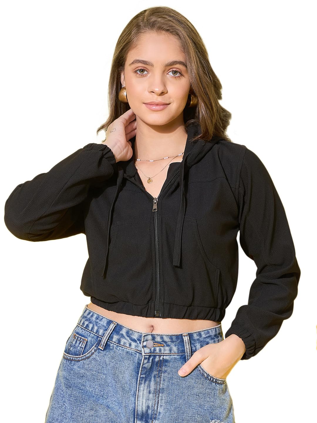 buynewtrend Women's Cotton Ribbed Short Casual Hoodie Jacket with Front Zipper | Hooded Neck Girls Jackets-picture-27