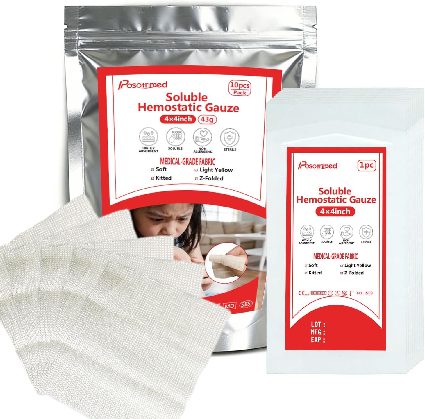 Soluble Hemostatic Gauze,4"X4" Quick Clot Combat Gauze Pads,Hemostatic Dressing for Emergency Trauma,Immediate Hemostasis Clot Dressing for First Aid Kit,10pack