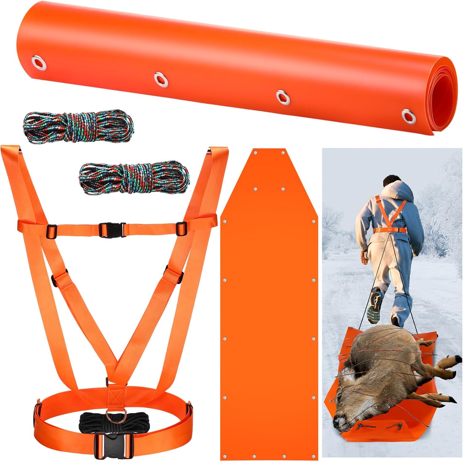 1 Pcs Dual Harness Deer Drag Harness and 1 Pcs Drag Sleds Heavy Duty Deer Dragging Strap with 2 Rope, Hunting Equipment for Hauling Elk Turkeys Game Animals(Tapered End,Orange)