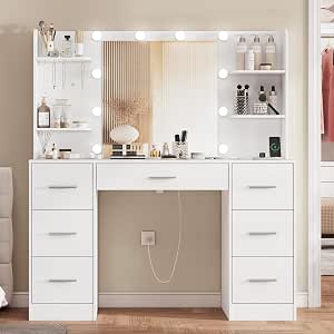 Airfish Coiffeuse avec Miroir LED et Tabouret, 3 Couleurs avec Luminosité Réglable, Table de Maquillage avec Espace pour Bijoux, Étagères Réglables, 2 Tiroirs (Noir Blanc