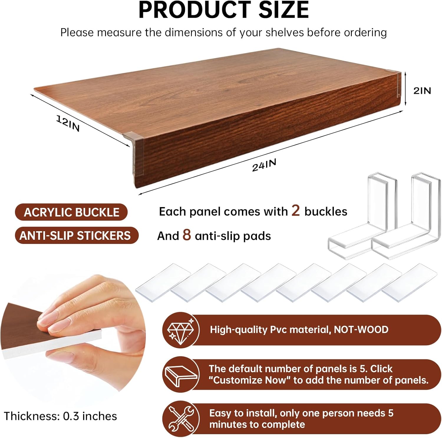 5pcs wire shelf covers for pantry, preventing leakage of items & removable, pvc wire rack covers for shelves closet kitchen walnut grain 24 x 12