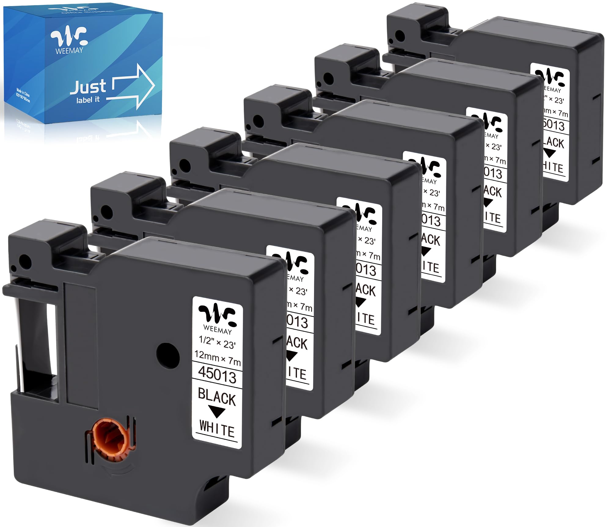 WeemayCompatible with Dymo Label Tape Replacement for Dymo D1 Label Maker Refills 45013 Black on White Labeling Tape for LabelManager 160 280 210D 360D 420P PnP 450D Printer, 1/2” W x 23’ L, 6 Pack