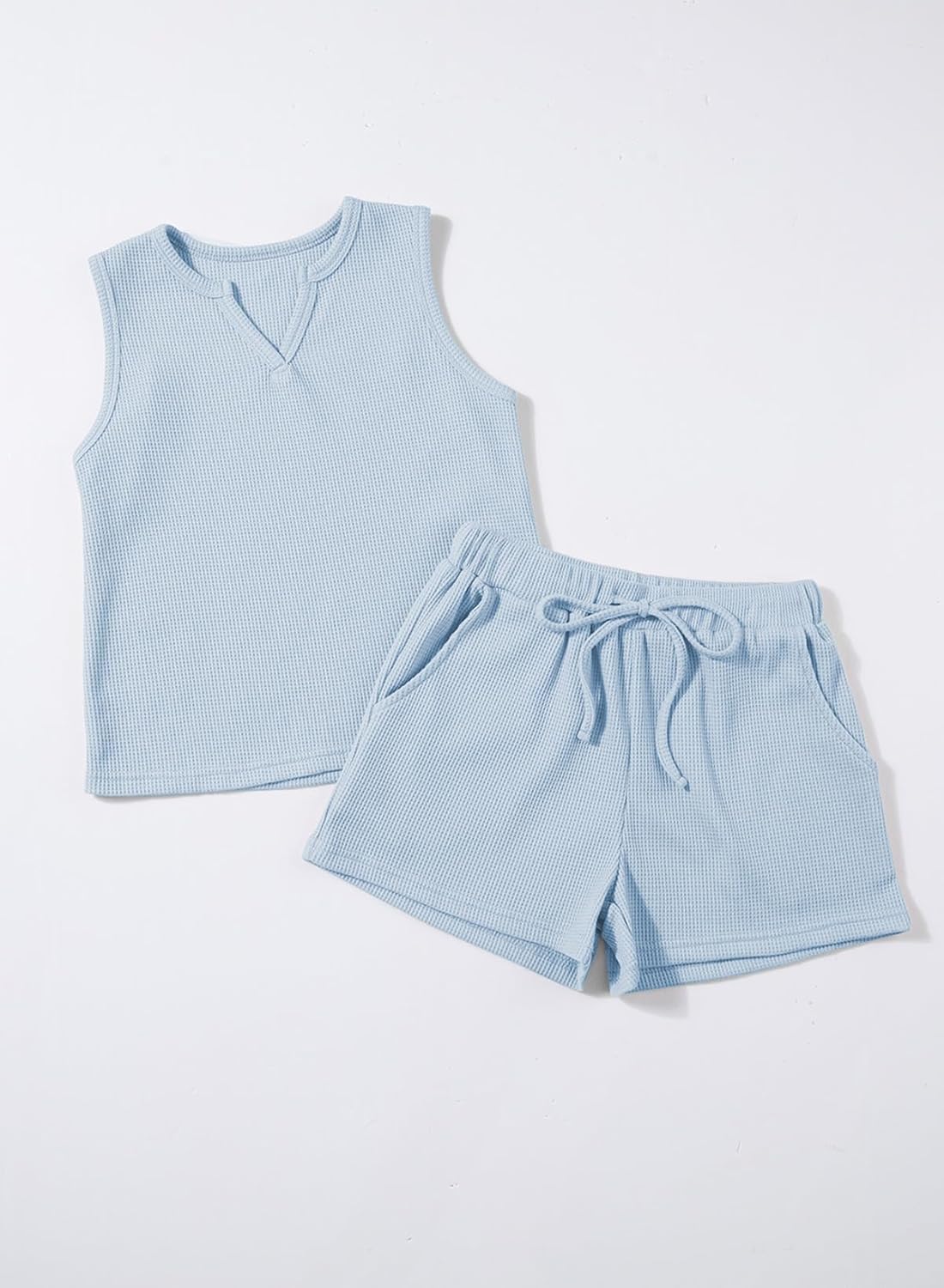 blibean Girls Summer Clothes Set Kids Waffle Pockets Cotton Outfit Size 4-13 Years - Image 7