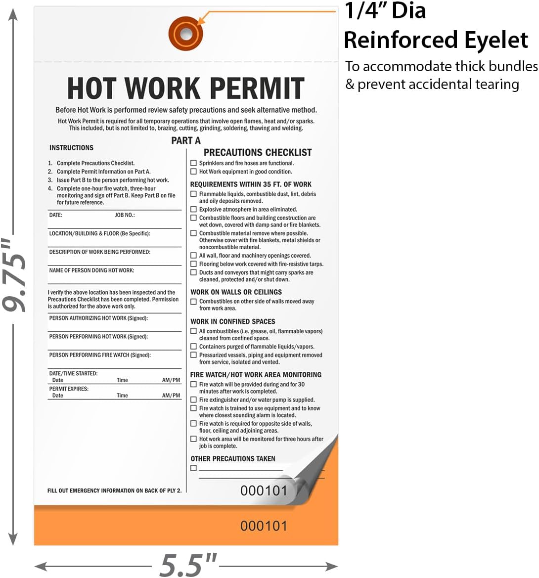SmartSign 2-Part Hot Work Permit Tag (Pack of 25), 9.75 x 5.5 inch, 10 pt Thick Fluorescent Cardstock with Reinforced Fiber Patch (No Attachment), Sequentially Pre-Numbered Hot Work Permit Status Tag