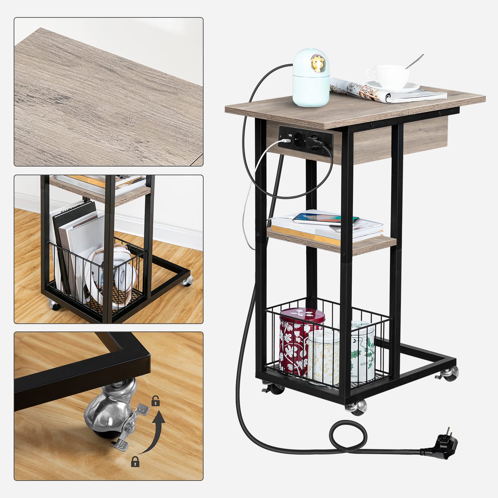 HOOBRO Mesa Auxiliar con Estación de Carga, Mesa de Centro Abatible en Forma de C con Ruedas y Estante de Almacenamiento, Puertos USB Tomas Corriente, para Salón Dormitorio, Greige y Negro EBG022SF01