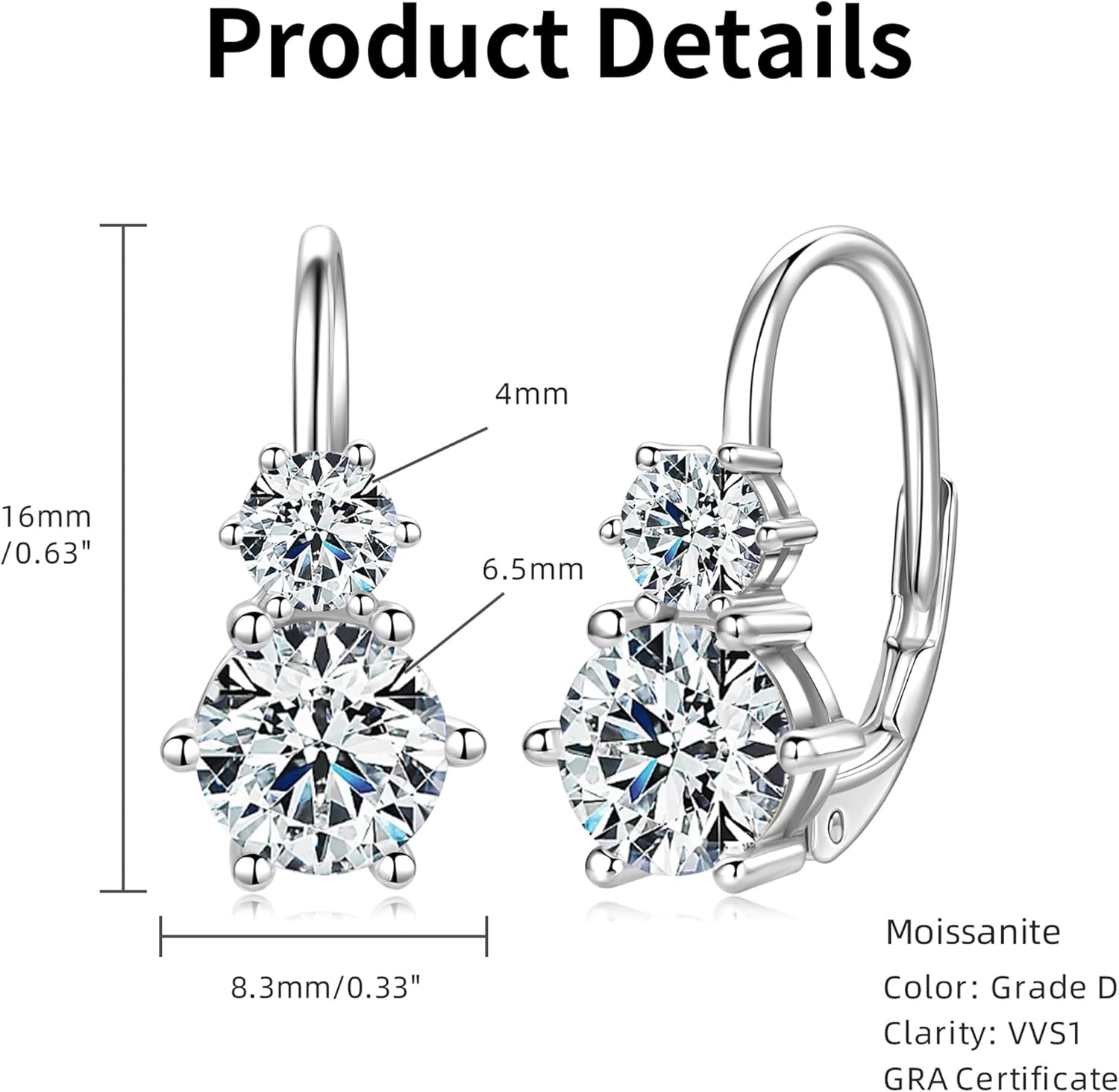 Moissanite Hoop Earrings, 925 Sterling Silver Hypoallergenic Six Prong Set Leverback Drop Earrings for Women, D Color VVS1 Lab Created Imitation Diamond Round Cut Jewelry Gifts