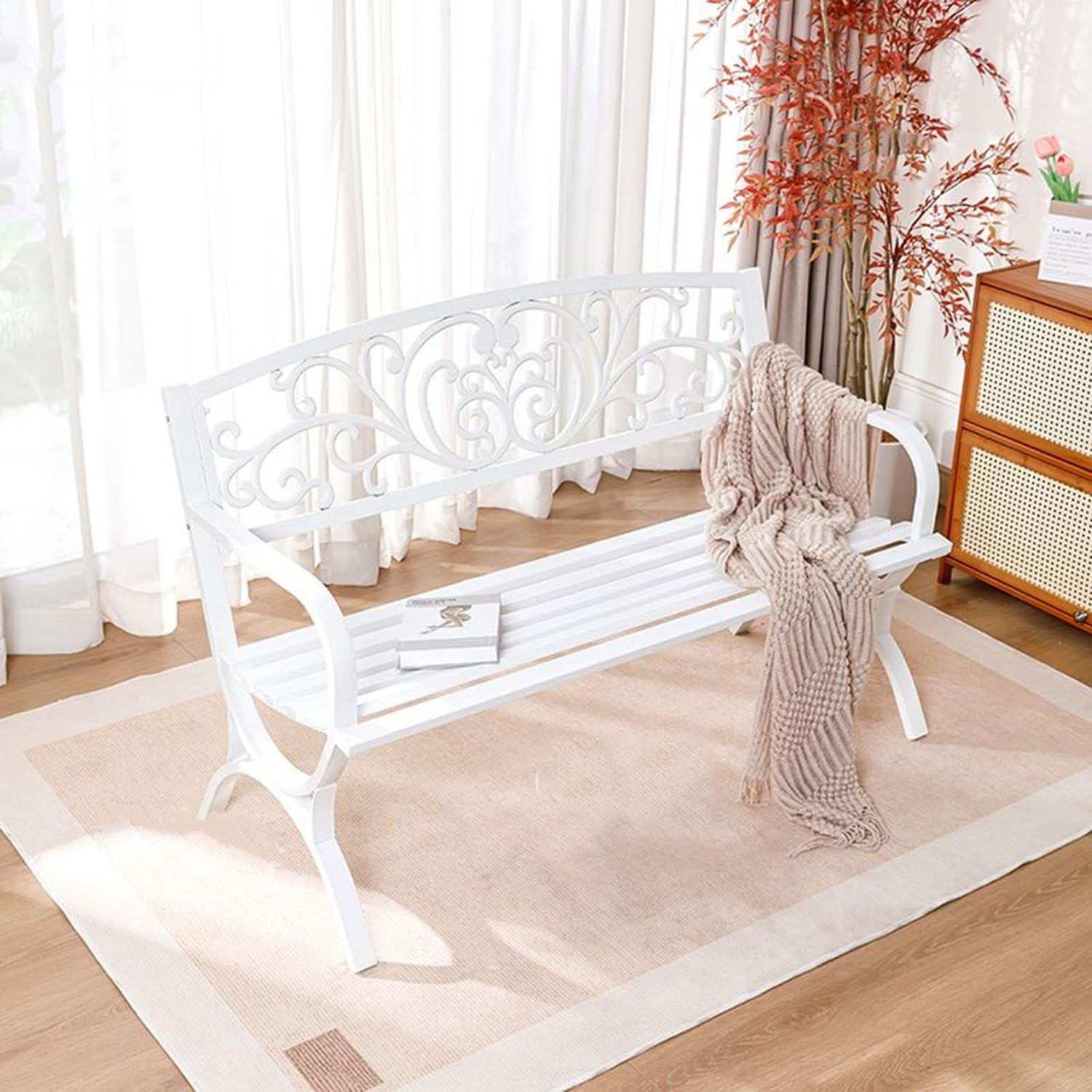 Causeuse en métal blanc haut de gamme de 130 cm à motif floral de jardin