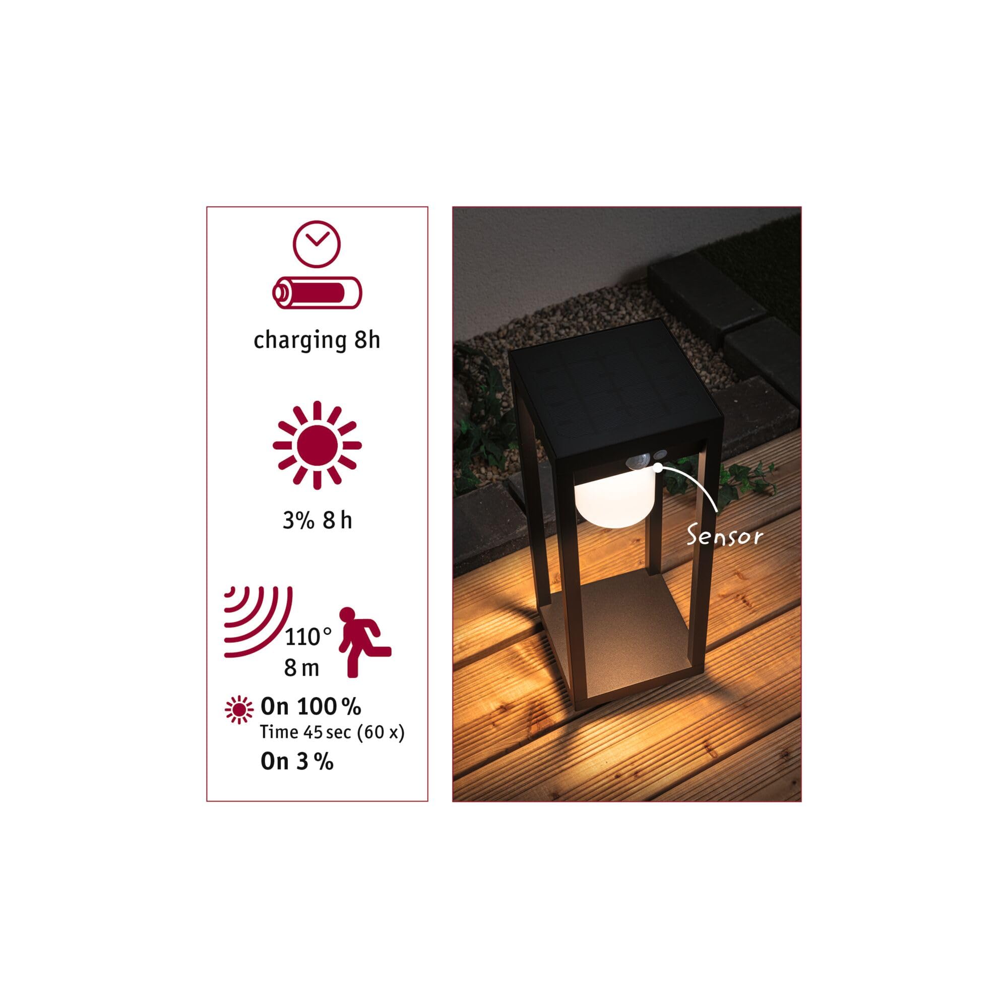 Paulmann 94573 LED Solar Lichtobjekt Marisol mit Bewegungsmelder IP44 incl. 1x5,5 W Warmweiß Schwarz kabellos Kunststoff wiederaufladbar 3000 K