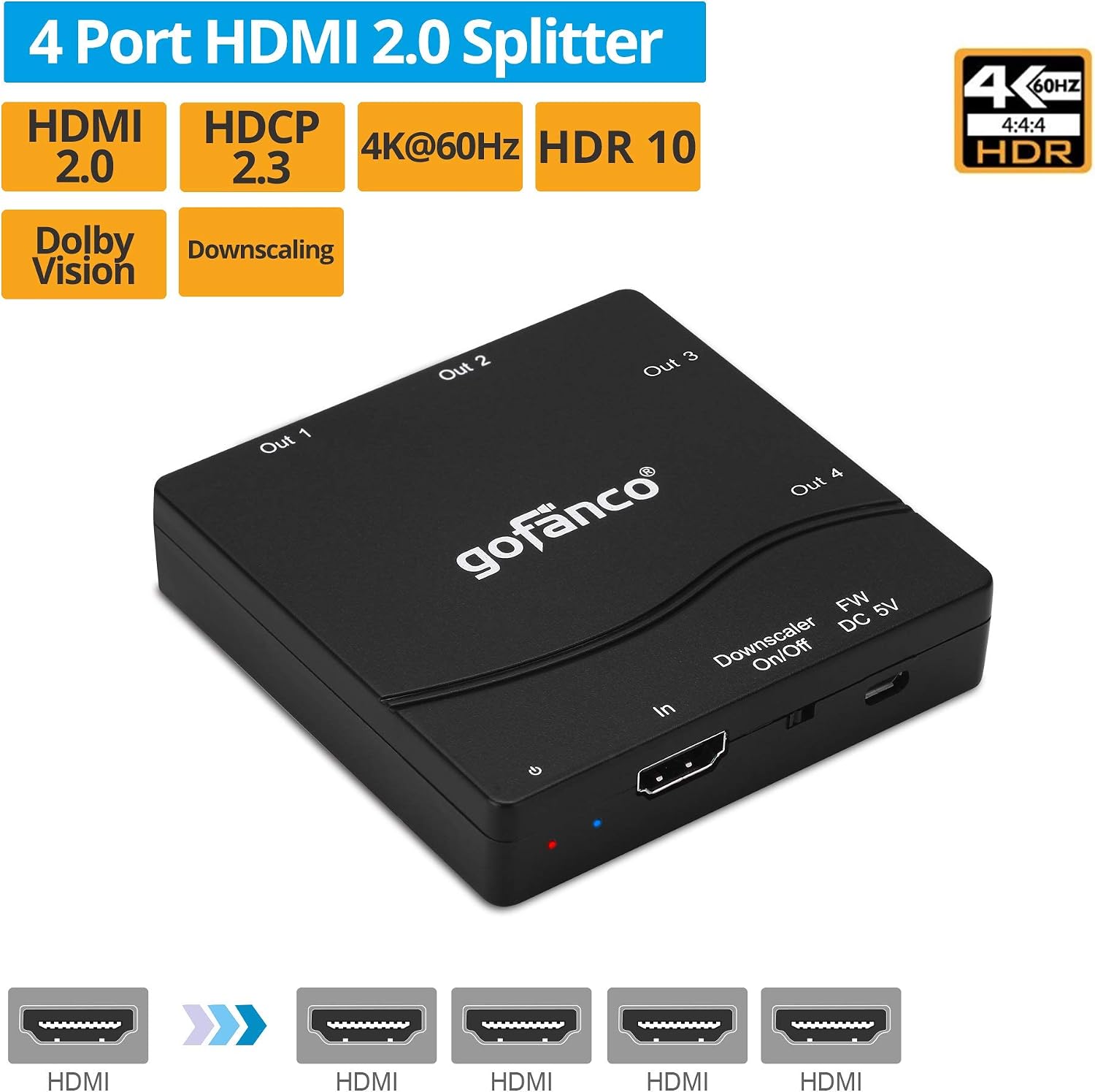 gofanco Compact 1x4 HDMI Splitter 4K 60Hz HDR – 4K @60Hz 4:4:4, 18Gbps, 4K to 1080p Scaling, HDR10, Supports Dolby Vision, HDCP 2.2, 3D, 4 Port, 1 in 4 Out (Splitter4P-HD20)