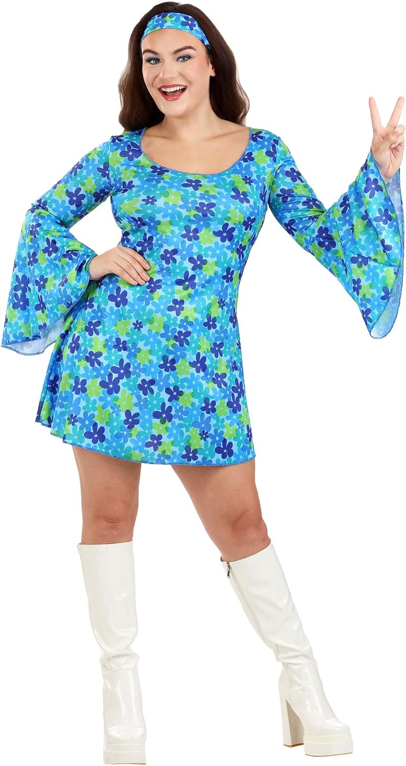 Wildflower Hippie Dress Costume | 70s Outfit For Women Floral Print Minidress, Scoop Neckline And Flared Sleeves