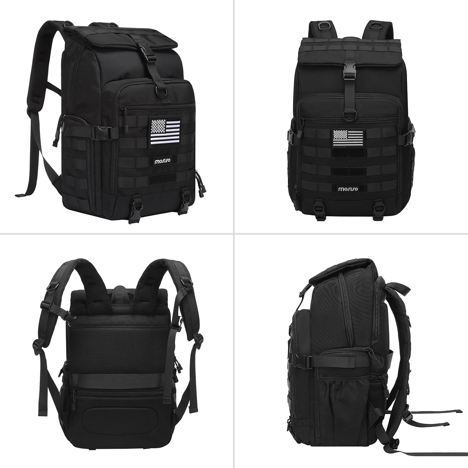 MOSISO 30L Tactical Backpack, Military Daypack 3 Day Assault Pack with Top Flap Pocket & USA Flag Patch, Assault Bag Rucksack for Outdoor Hiking Hunting Camping Training Travel, Black