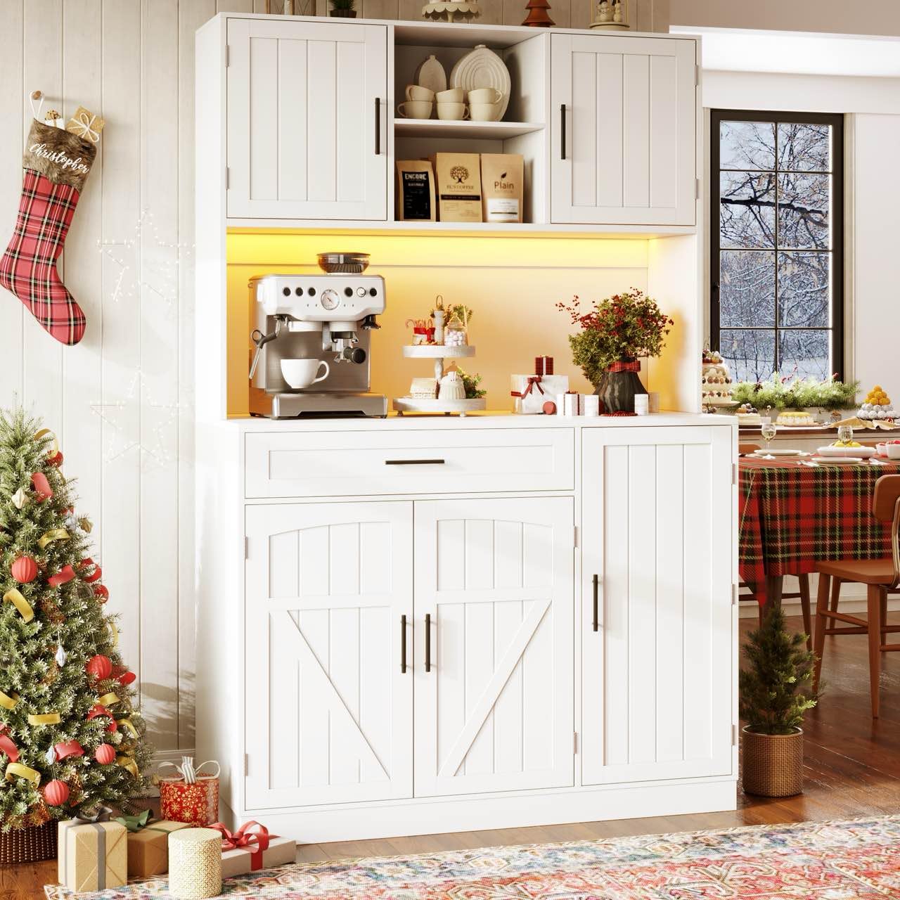 Seitenschrank, Aufbewahrungsschrank, Küchenschrank, 110x38x180 cm, Landhausstil, fünf Türen, mit LED-Leiste und Steckdose, Weiß