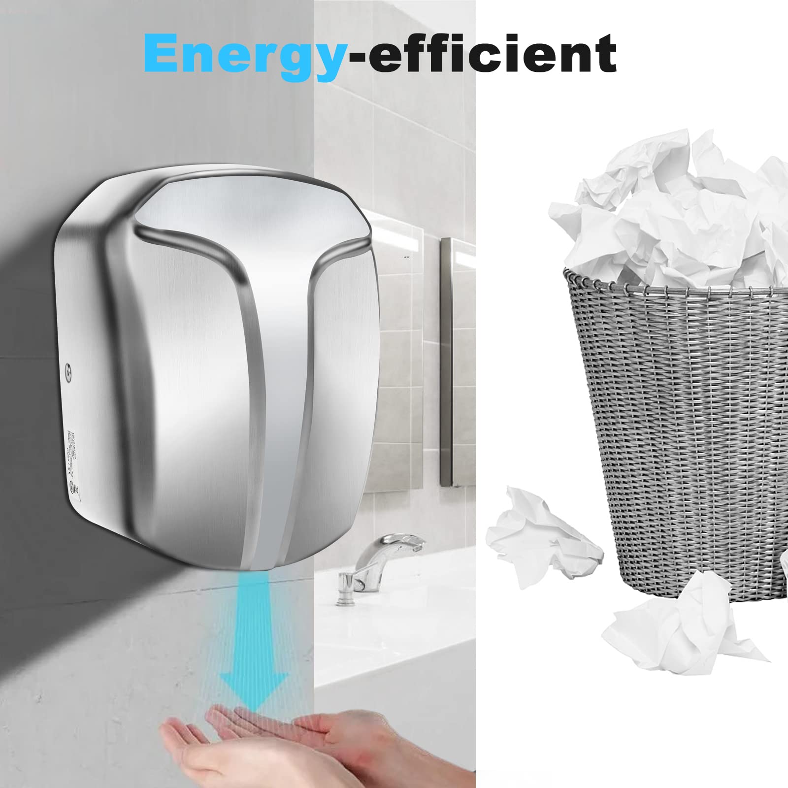 QL Asciugamani Elettrico ad Aria,Asciuga Mani Elettrico Automatico 1150W in Acciaio Inox con Filtro HEPA per Bagno,Commerciale Argento