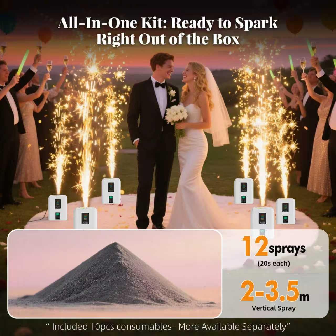 2pcs Mini Cold Spark Machine, Portable FX Device with Auto Safety Cutoff, NO DMX, Stage/Wedding/Event Special Effects Machine (2 Unit White+10 PCS 50g Consumables)