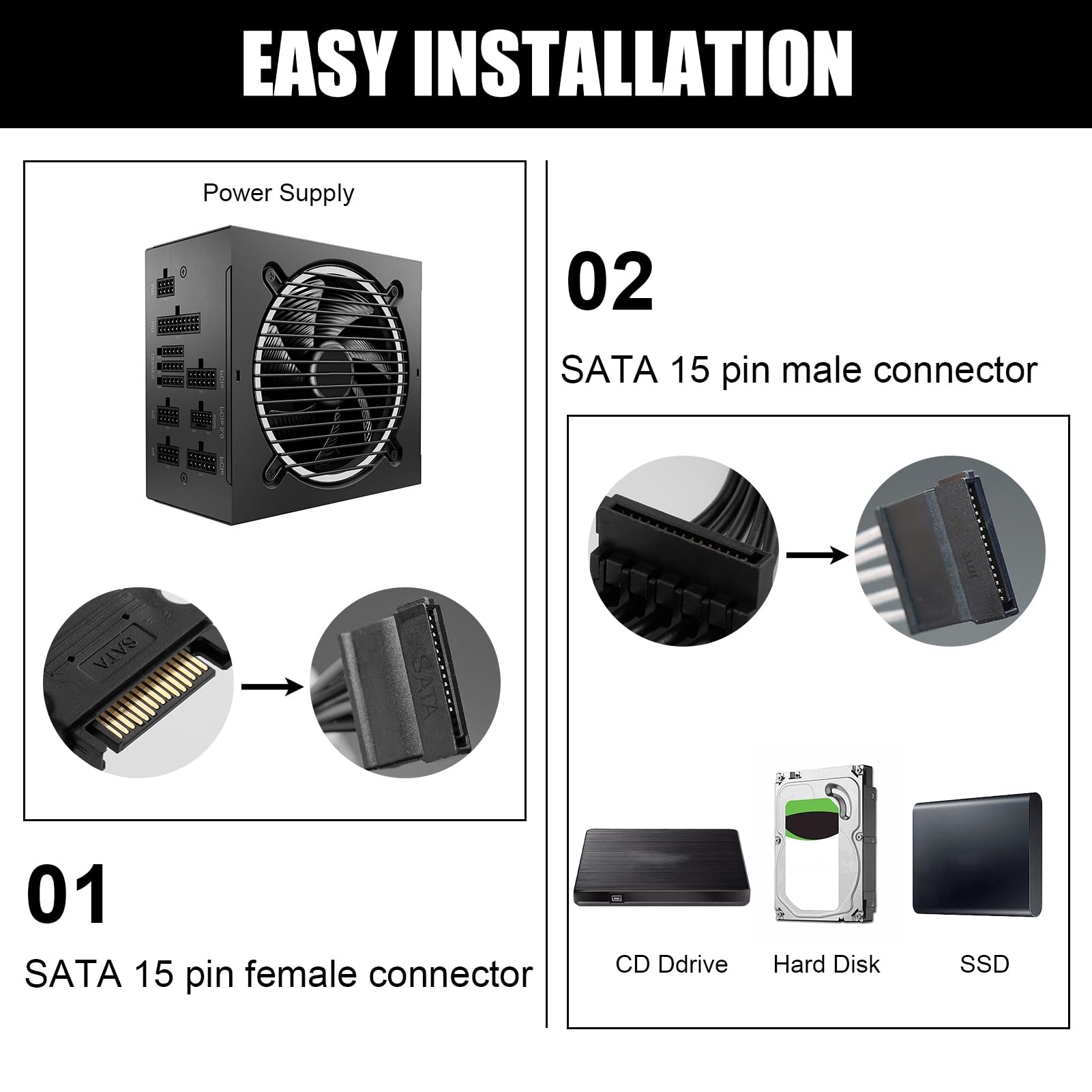 Sinloon SATA Power Splitter 1 naar 5 Adapterkabel 15 Pin voor HDD, SSD, optische drives Sinloon SATA Power Splitter 1 naar 5 Adapterkabel 15 Pin voor HDD, SSD, optische drives