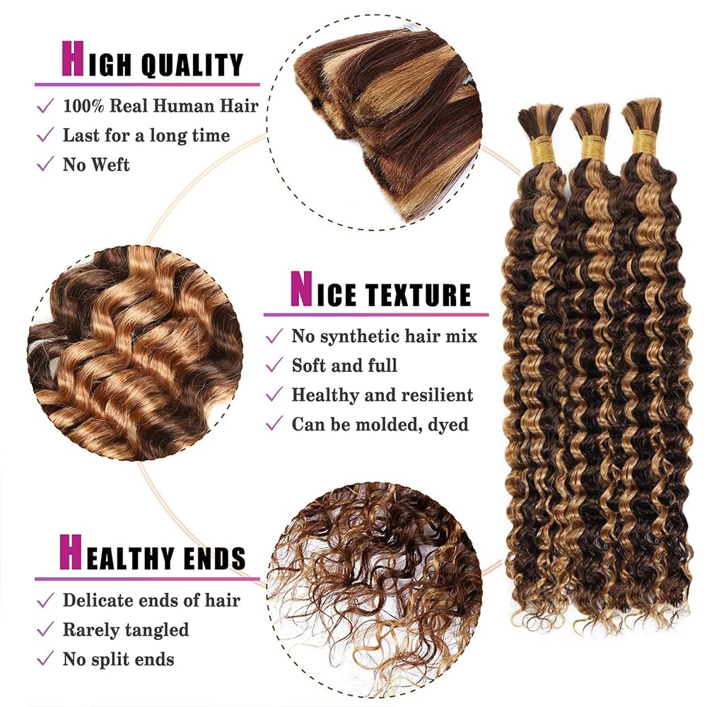 26 26 26 Pouce Deep Wave Bulk hair for Braiding P4/27 Light Blonde Cheveux humains 3 Bundles/Pack No Weft Premium Braiding Hair Extensions for Boho Braids With Minimal Tangle