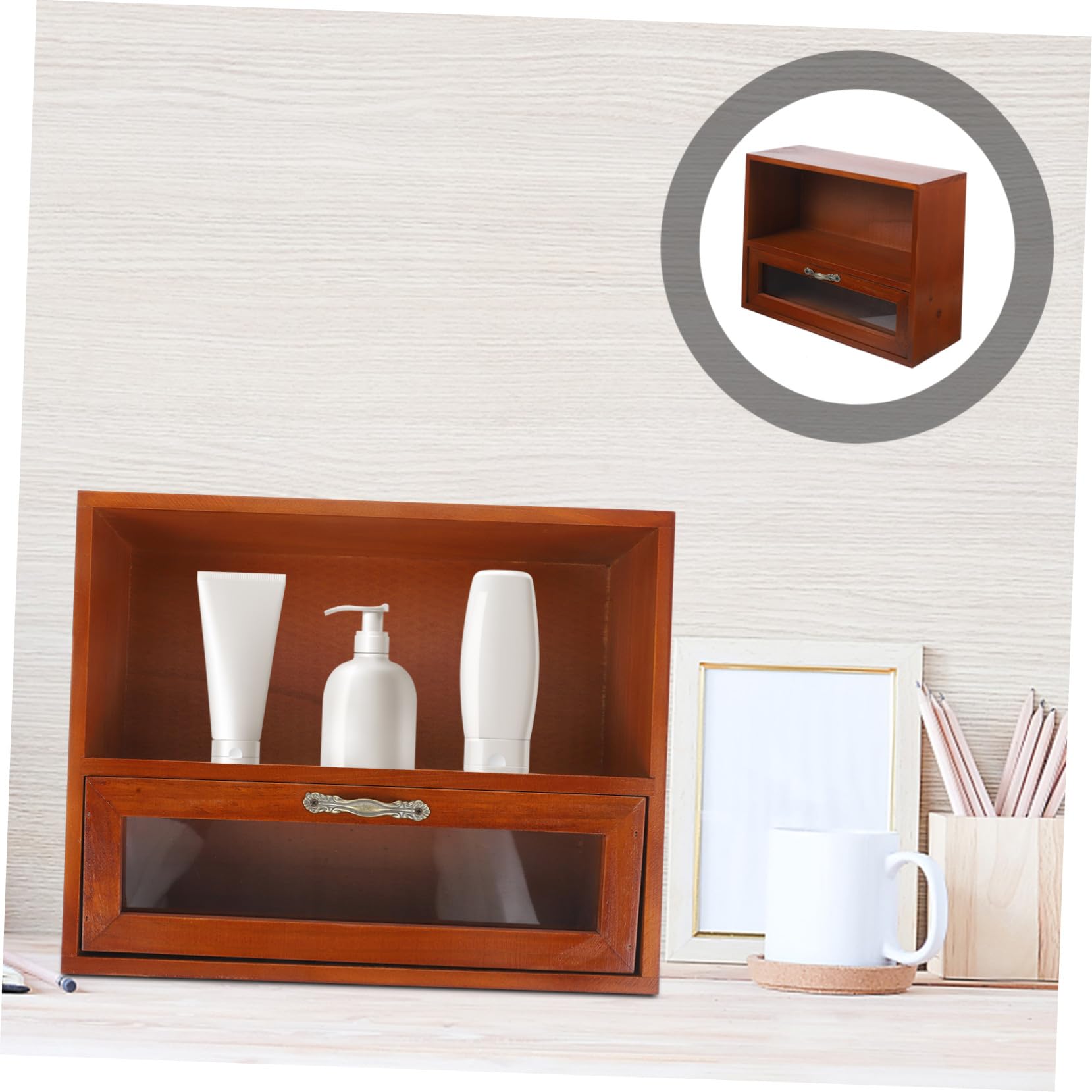 Mikikit Organizer Da Scrivania in Legno Massello Con Mini Cassettiera Divisori Interni Porta Trucchi e Gioielli Multifunzione Design Compatto e Robusto Per Ufficio e Casa