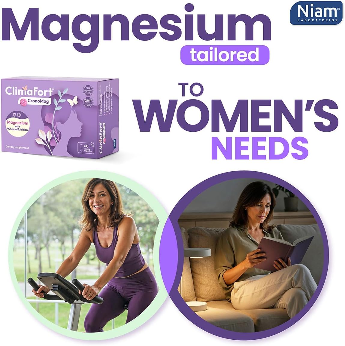 ClimaFort CronoMag | Magnesium for Women in Menopause | 5 Salts Bisglycinate + Glycerophosphate | B12 | Energy Supplement | 1 Month Supply