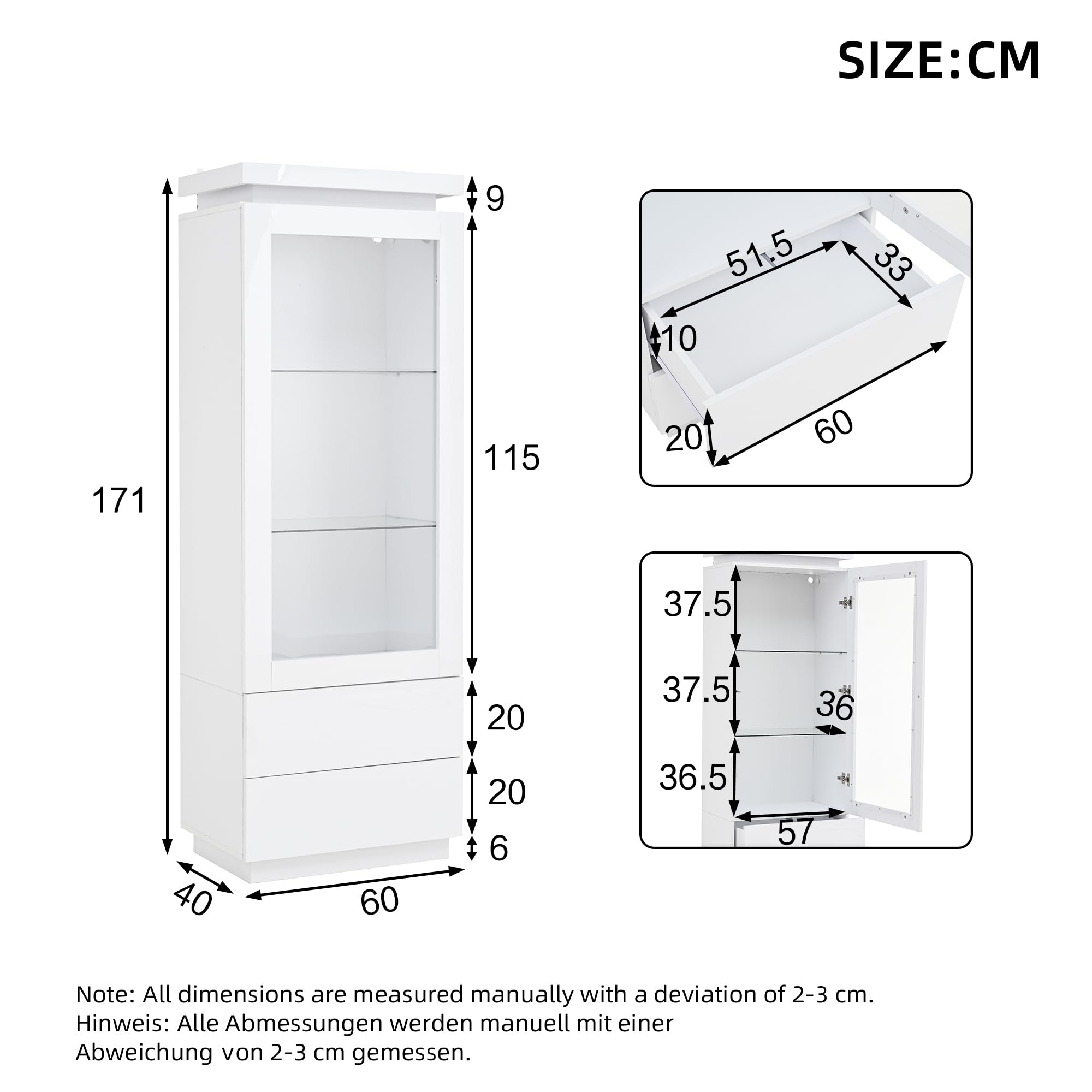 60 x 40 x 171 cm, armario alto con 2 cajones, brillante, vitrina de cristal con LED, armario para el salón, con puertas de cristal y puerta plegable, color: blanco