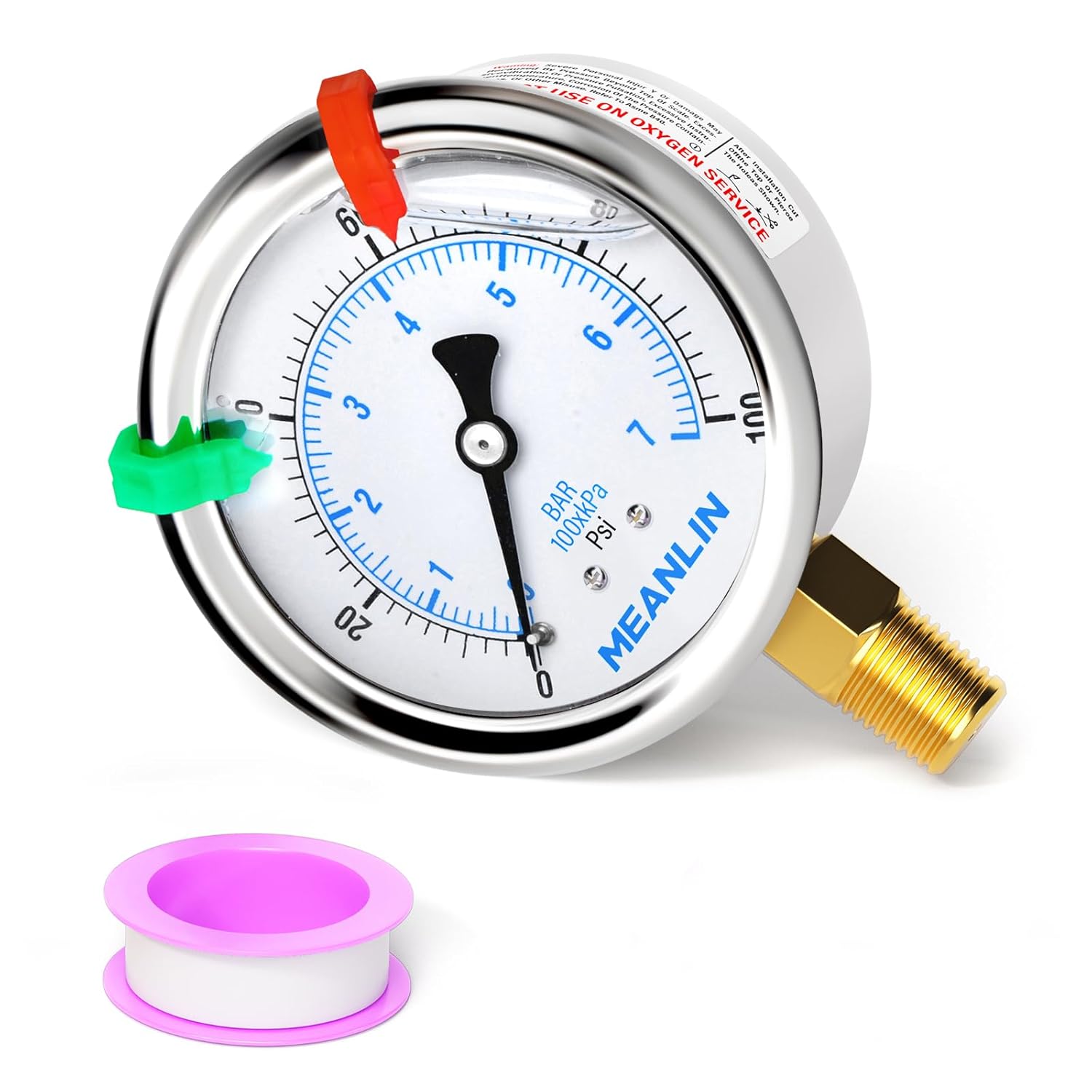 MEANLIN MEASURE 0~100Psi Liquid Filled Pressure Gauge 1/4″ NPT 2.5″ FACE DIAL Stainless Steel Glycerin Filled WOG Water Oil Air Lower Mount (with 2PCS Snaps)