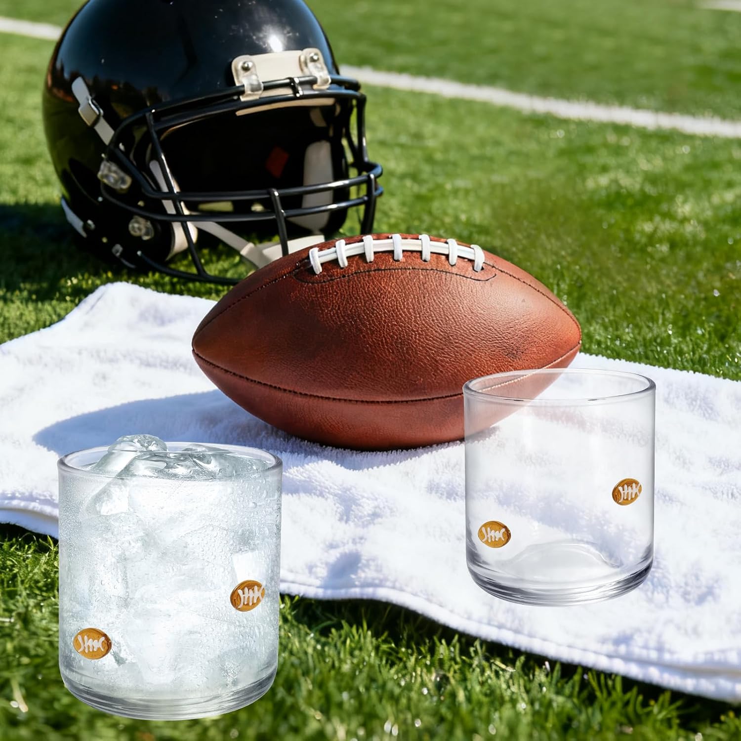 JarThenaAMCS 2Pcs Football Icon Juice Glass 14 Oz Wine Glass Rugby Stemless Cocktail Drinking Cups for Home Sport Themed Party Favors Supplies