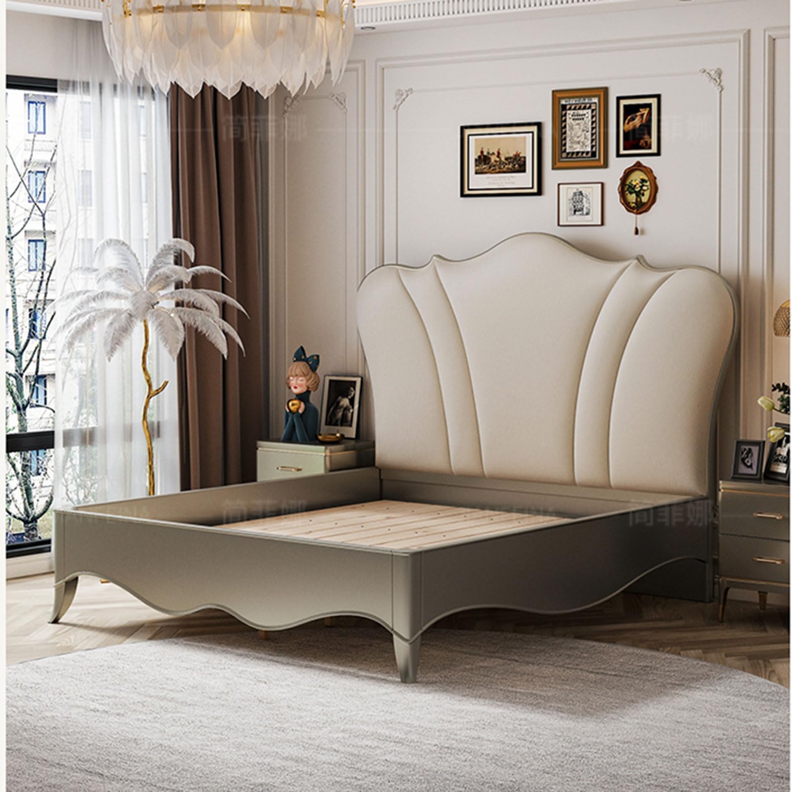 King Size Mid-Century Genuine Leather Wood Bed Upholstered Platform Bed Frame with Headboard and Drawers Wooden Slats Support