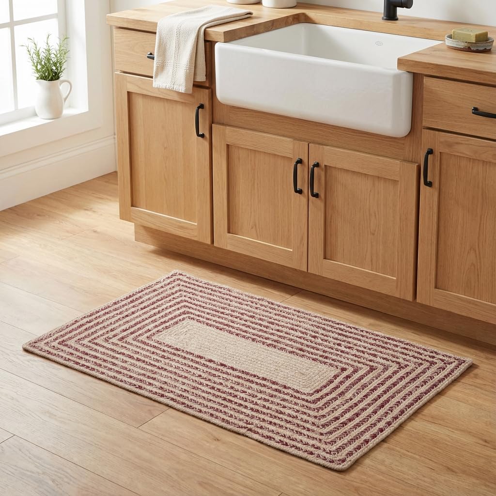 Cotton Braided Rug - 20" X 30" Beige and Burgundy Rectangle Woven Farmhouse Rug for Bathroom - Braided Minimalist Rugs for Kitchen - Rustic Primitive Rugs for Entryway