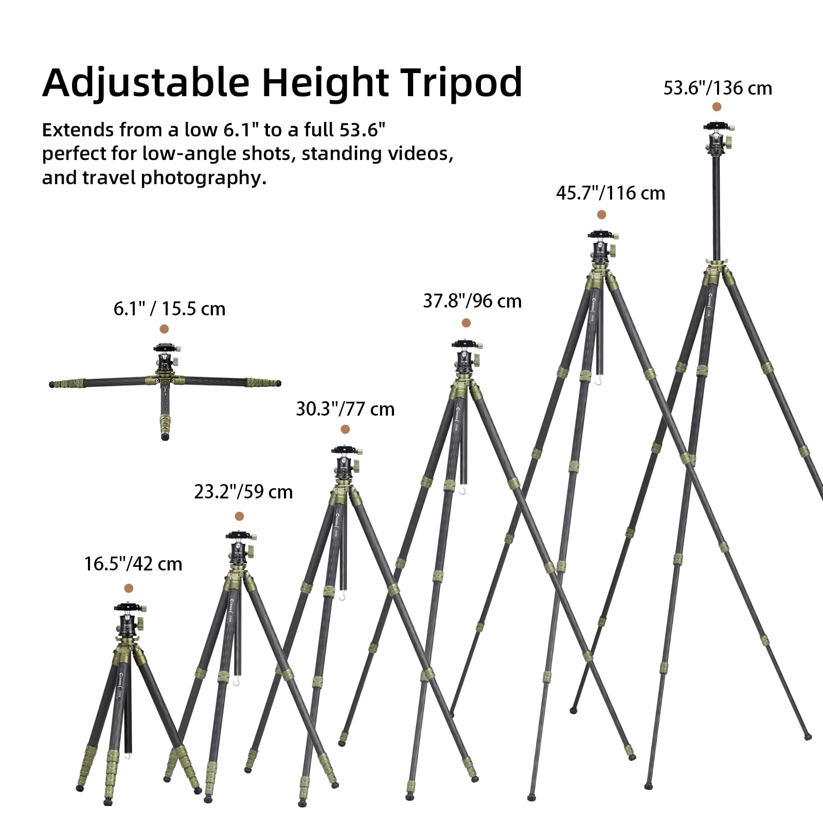 Cayer CH35 Treppiede da Viaggio con Testa Sferica, Treppiede Compatto in Fibra di Carbonio, Altezza 136 cm, Carico Max 8 kg (17.6 lbs) per Fotocamere Mirrorless, Videocamere, Smartphone e Webcam