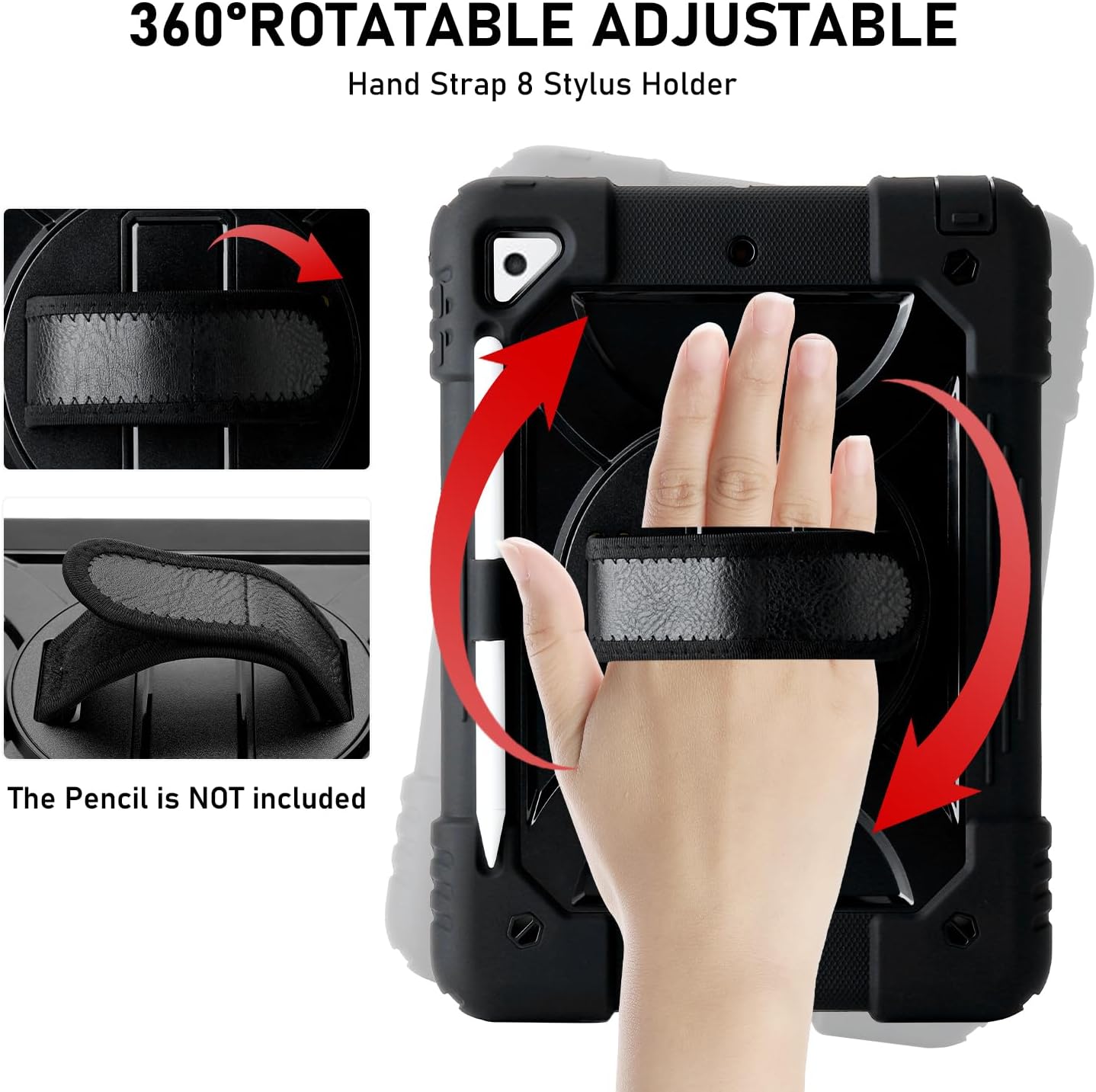 Case for iPad 9.7 6th/5th Gen, Air 2, Pro - Rugged Protective Cover with 360° Rotating Stand, Shoulder & Hand Strap, Pencil Holder (Black)