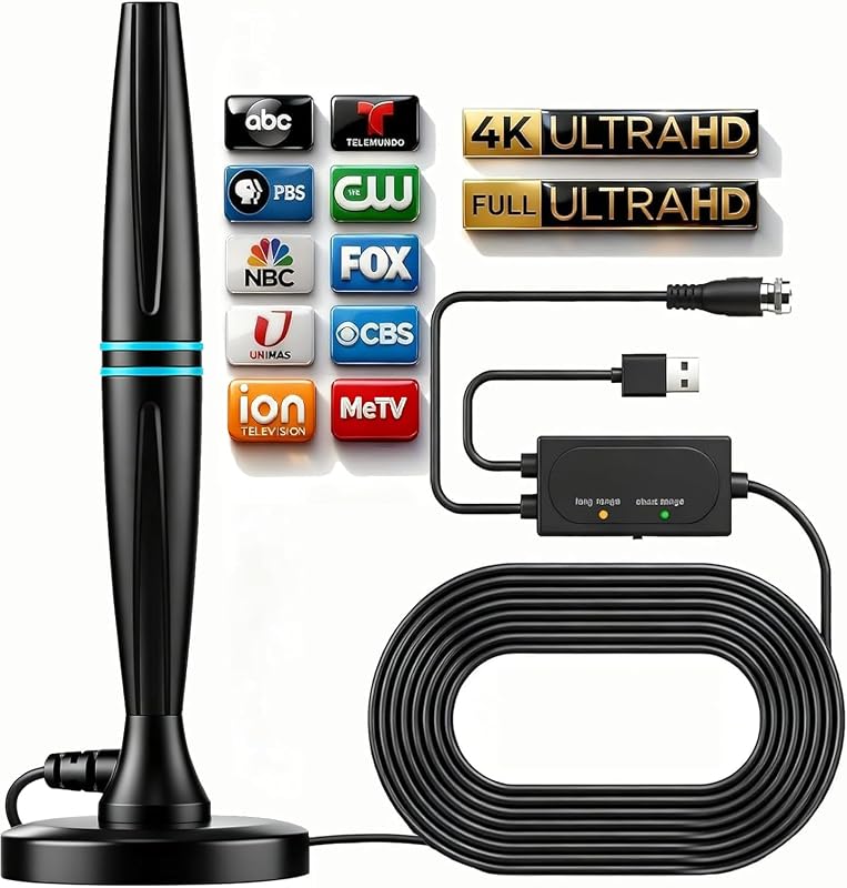 Antena de TV para Smart TV Interior,Antena de TV para Canales Locales | Compatible con 4K 1080p con antena amplificadora de señal TV Digital HD Antena cilíndrica para interiores y exteriores