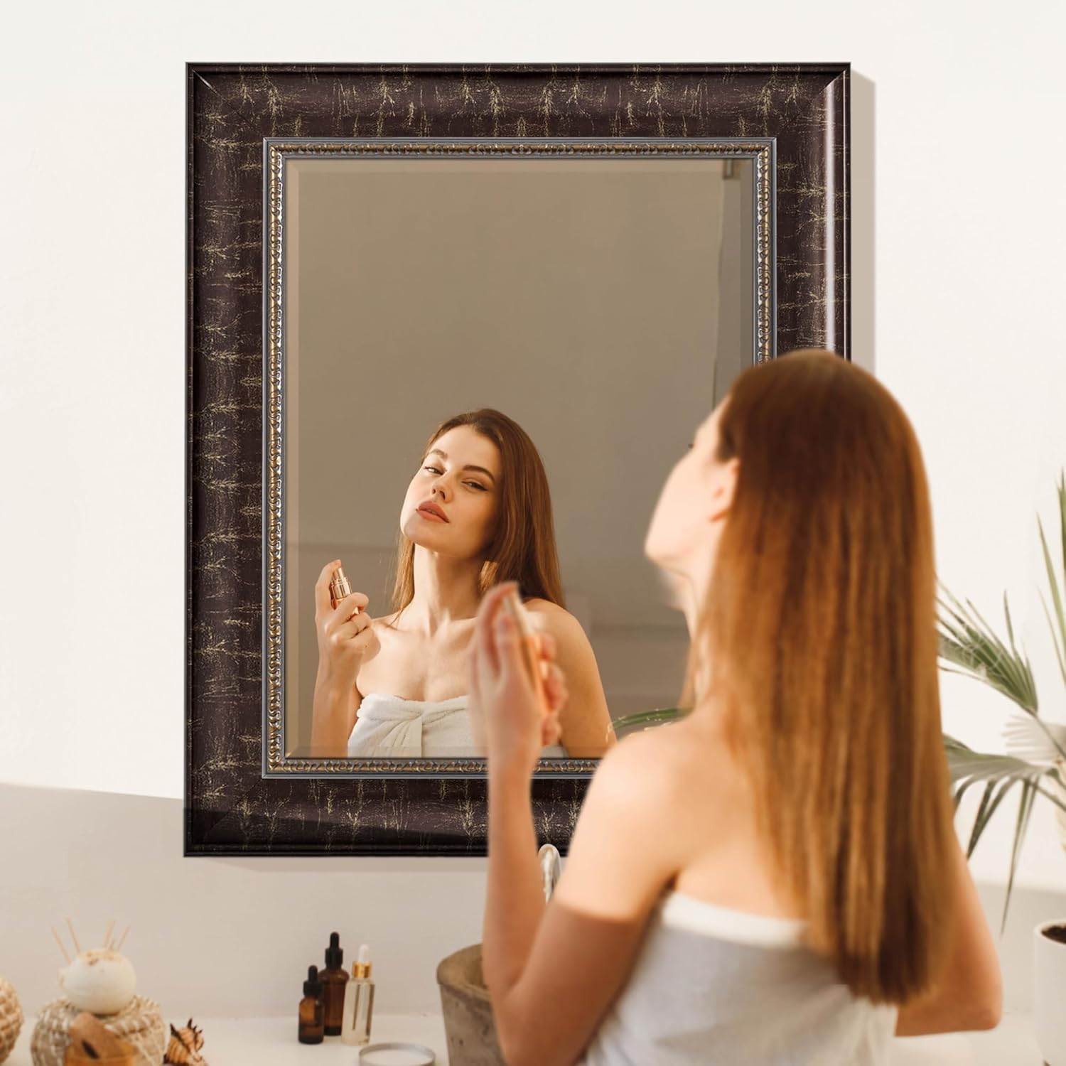 Head West Embossed Bronze Ornate Design and Distressed Frame 30.5" x 36.5" Vanity Mirror, Bronze